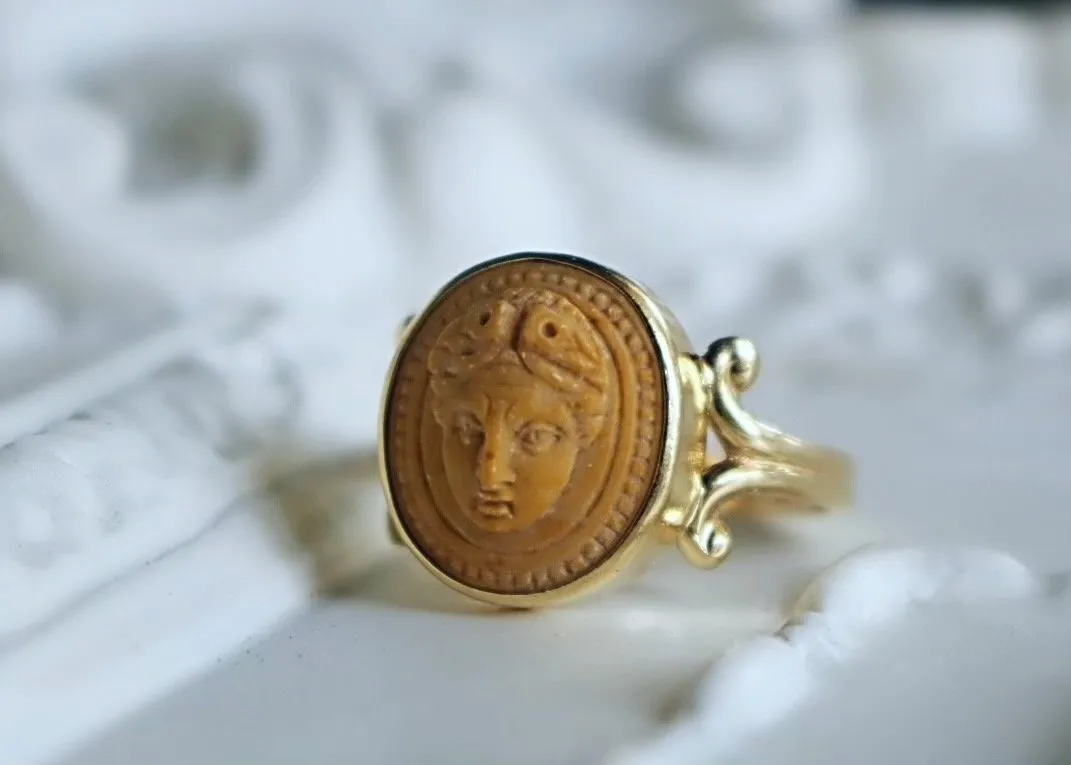 14k Gold Natural Lava Stone Cameo Ring