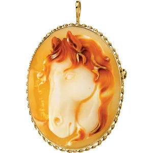 14k Yellow Gold Genuine Carnelian Horse Cameo Brooch/Pendant