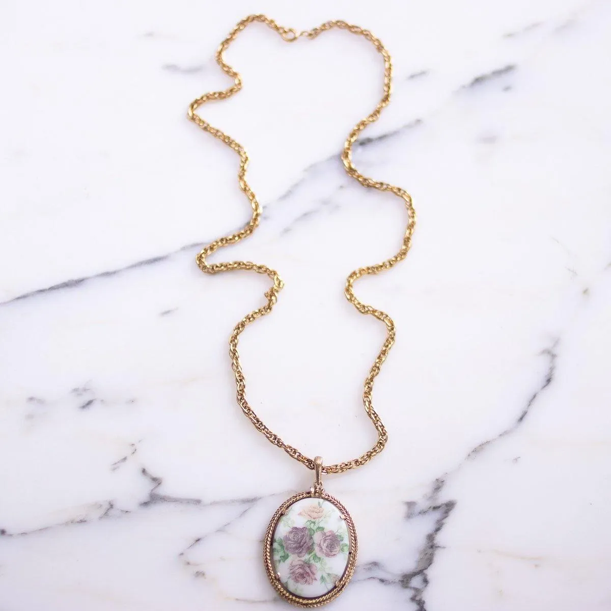 1950s Limoges Floral Pendant  Lavender and Pink Flowers