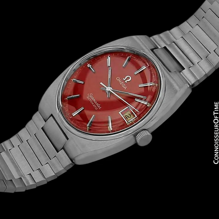 1978 Omega Seamaster Vintage Mens Bracelet Watch, Automatic, Date with Candy Apple Red Dial - Stainless Steel