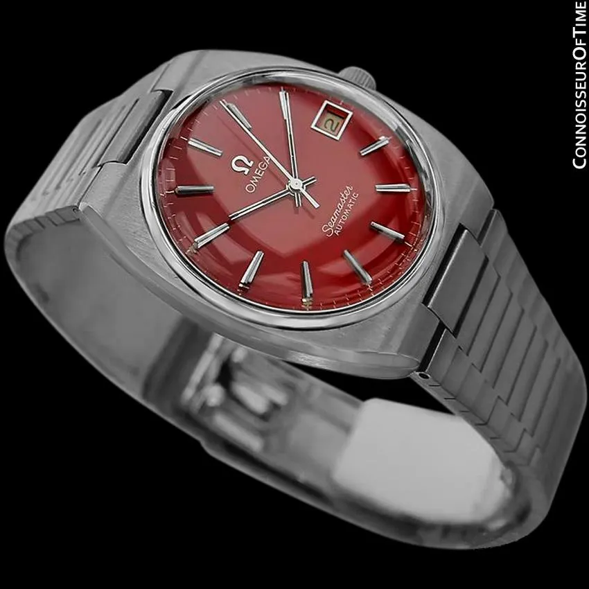 1978 Omega Seamaster Vintage Mens Bracelet Watch, Automatic, Date with Candy Apple Red Dial - Stainless Steel