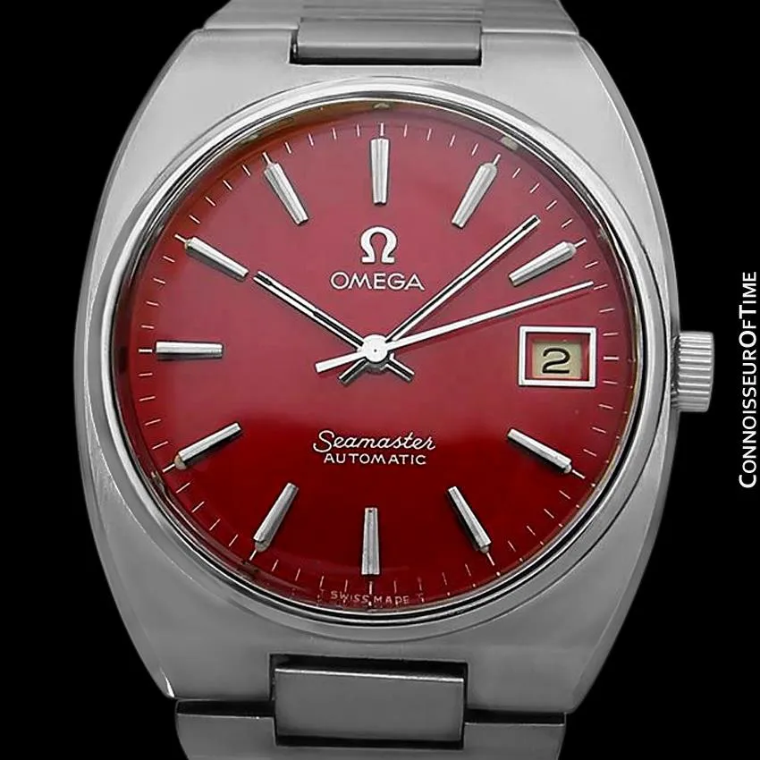 1978 Omega Seamaster Vintage Mens Bracelet Watch, Automatic, Date with Candy Apple Red Dial - Stainless Steel