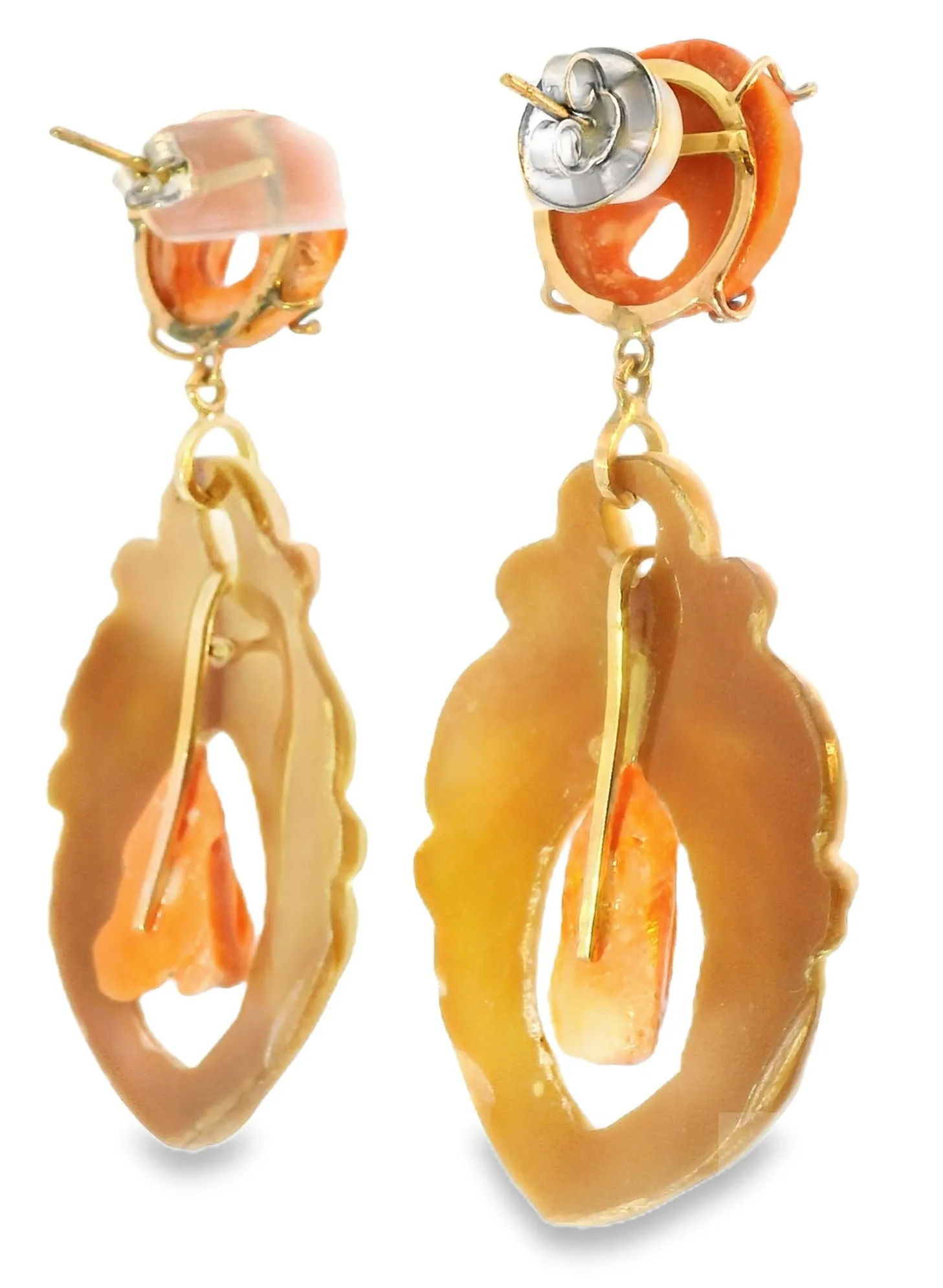 Antique Estate 18K Gold Carved Cameo Red Coral Undyed Drop Dangle Earrings