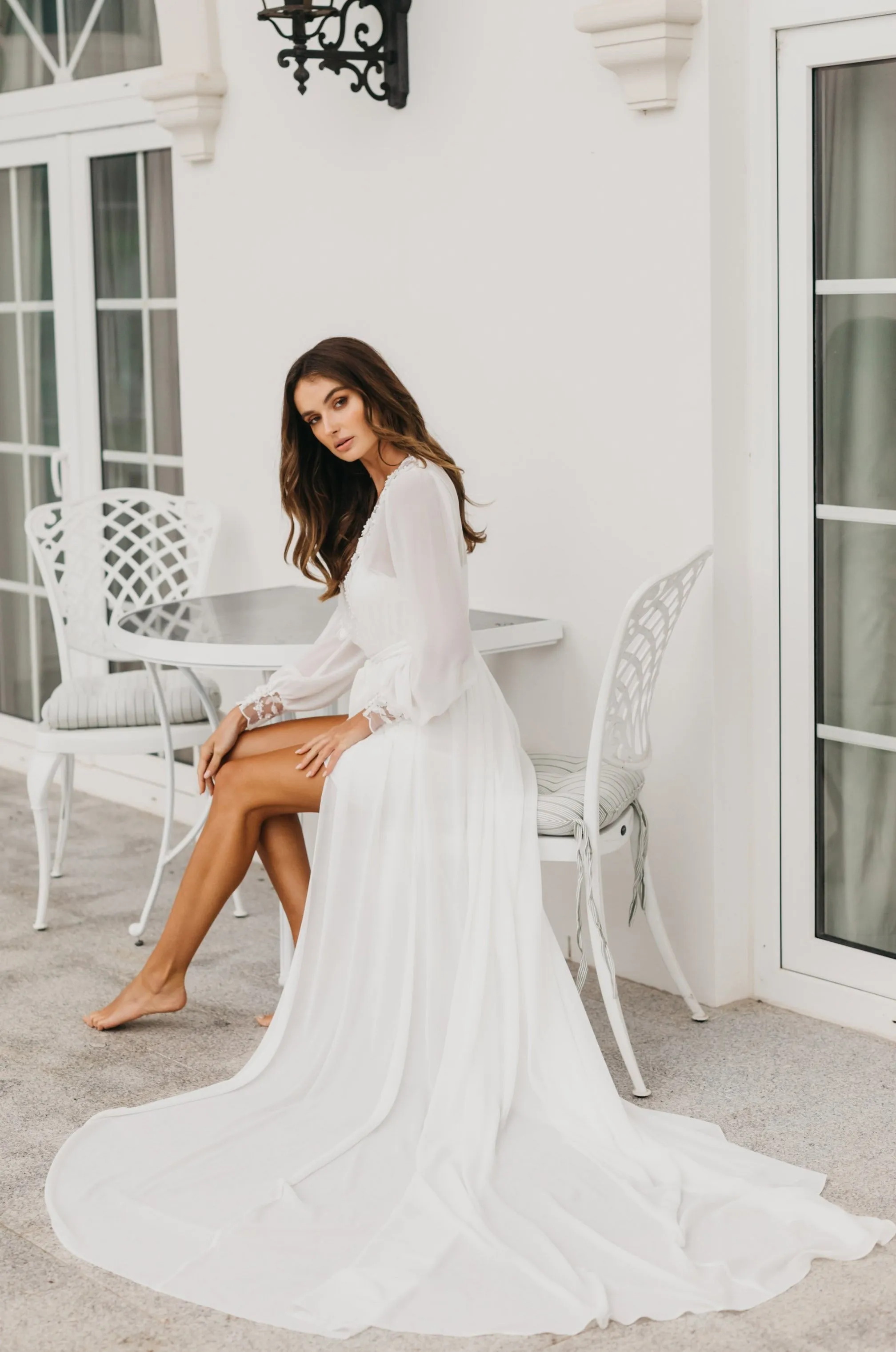 Arianna Beaded Floral Lace Maxi Bridal Robe With Train - Includes Slip