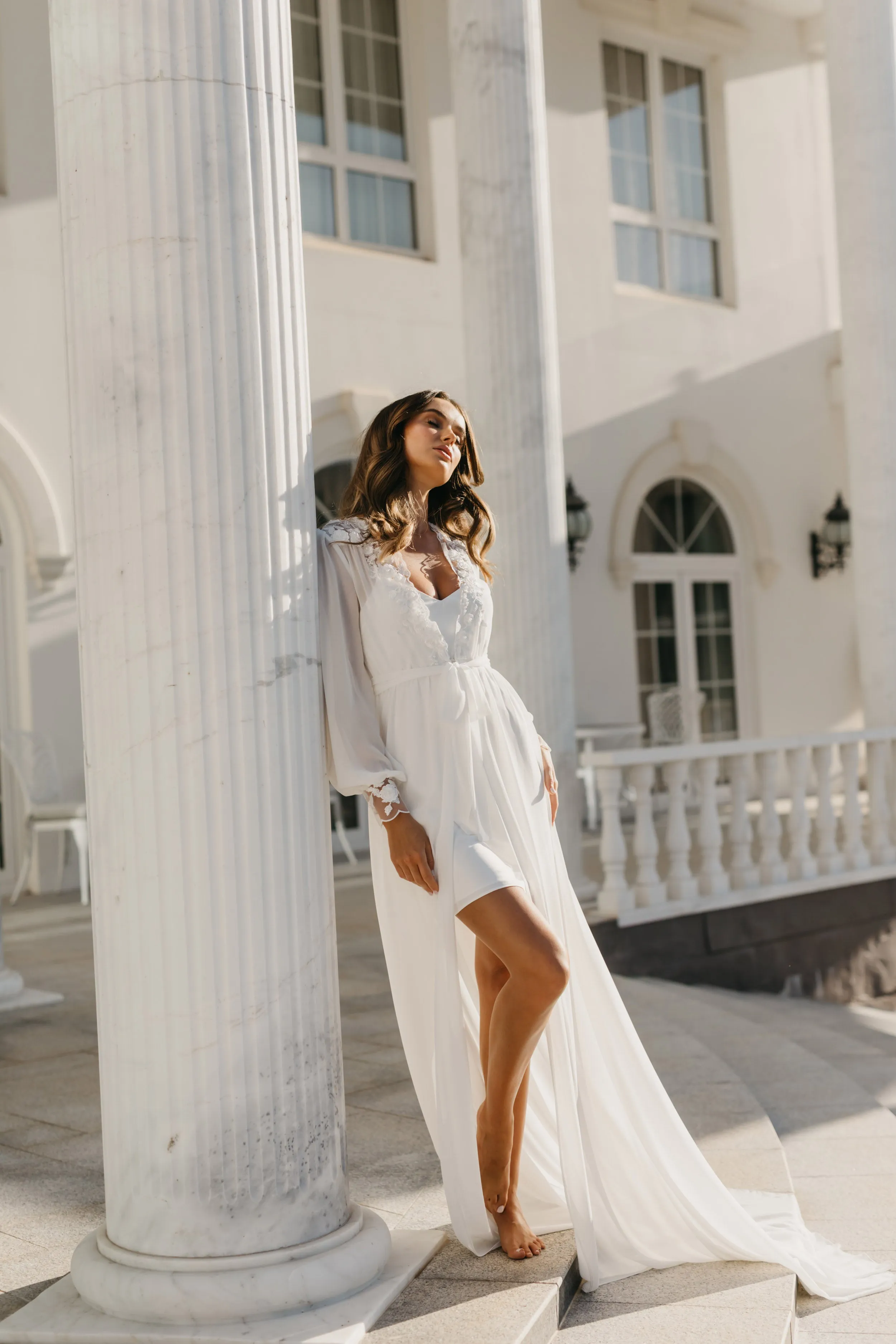 Arianna Beaded Floral Lace Maxi Bridal Robe With Train - Includes Slip