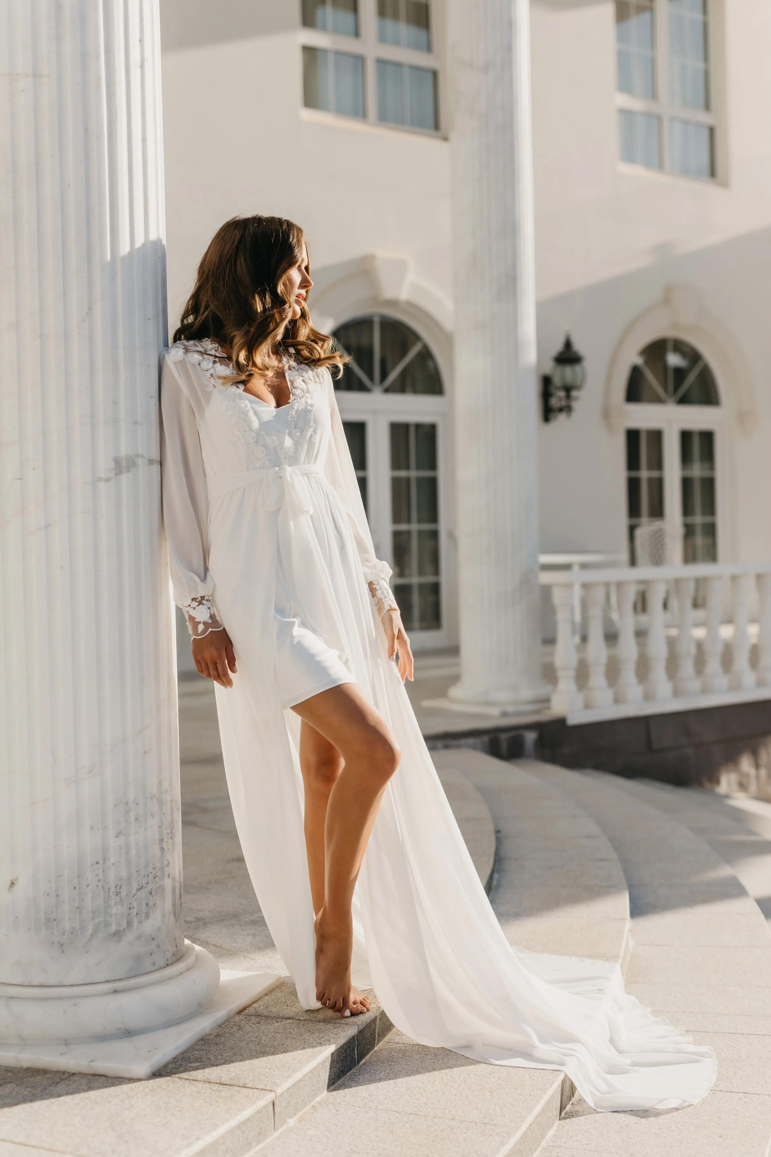 Arianna Beaded Floral Lace Maxi Bridal Robe With Train - Includes Slip