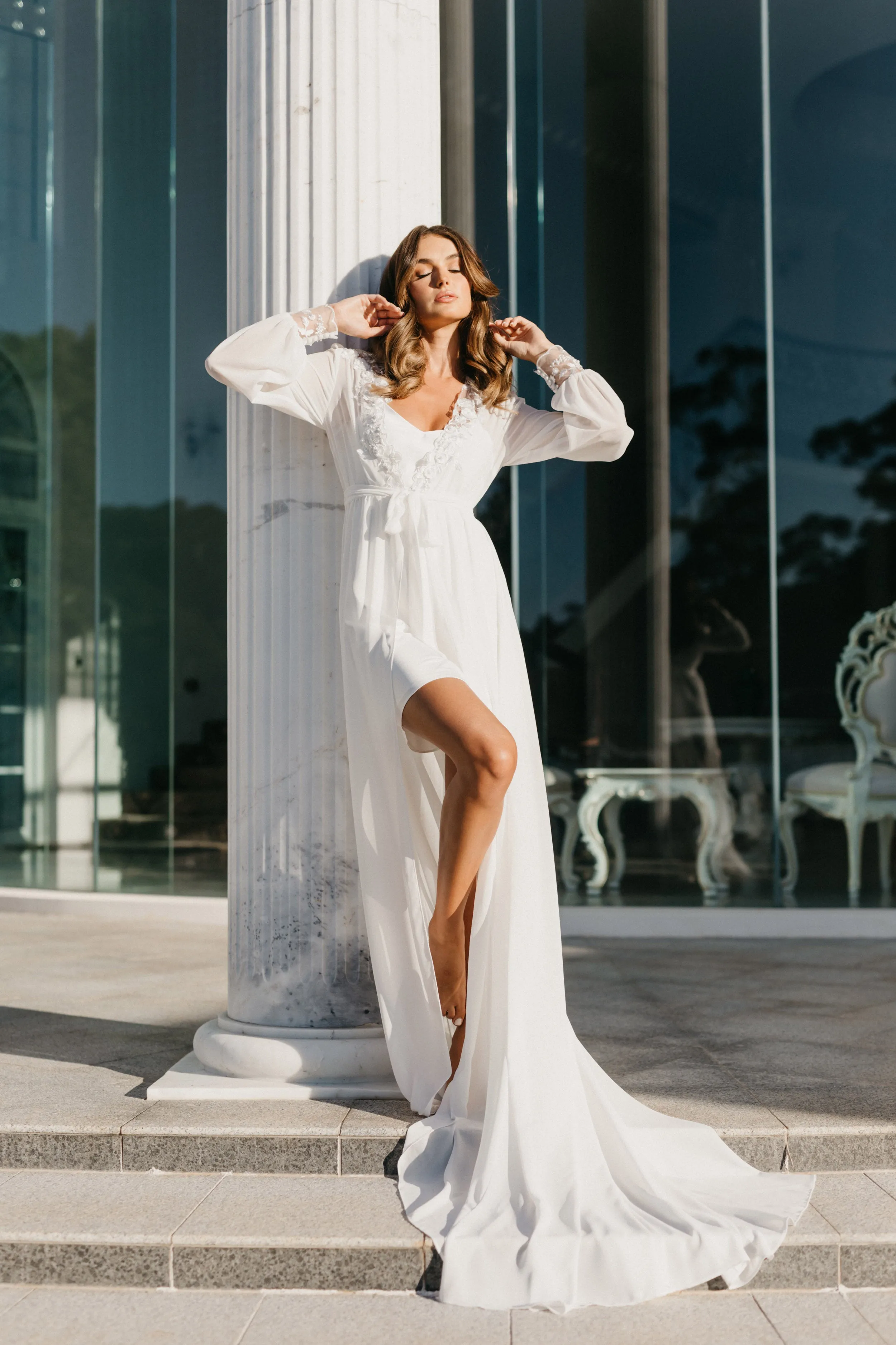 Arianna Beaded Floral Lace Maxi Bridal Robe With Train - Includes Slip