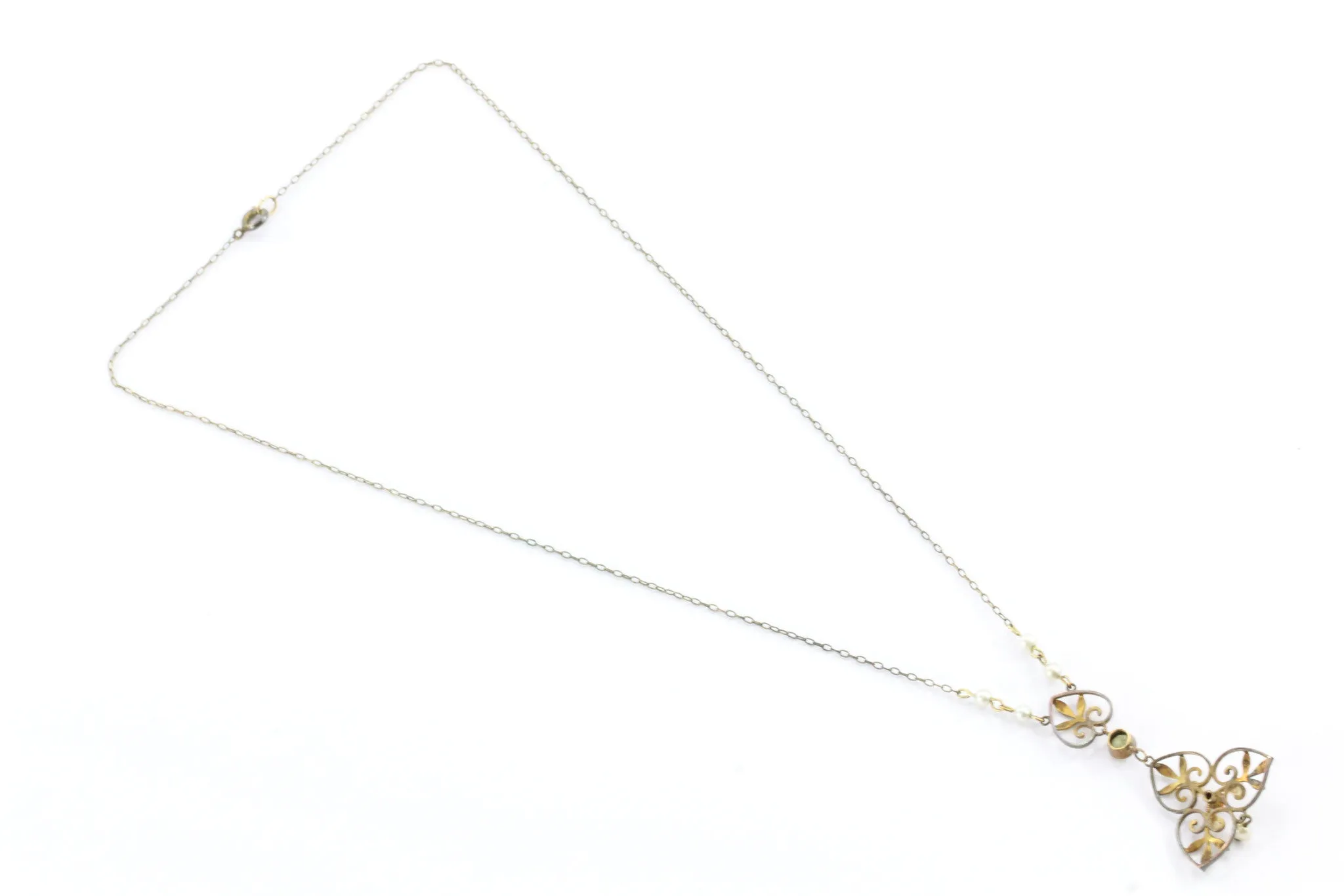 Art Nouveau 14K Gold Peridot, Coral, Pearl and Enamel Lavaliere