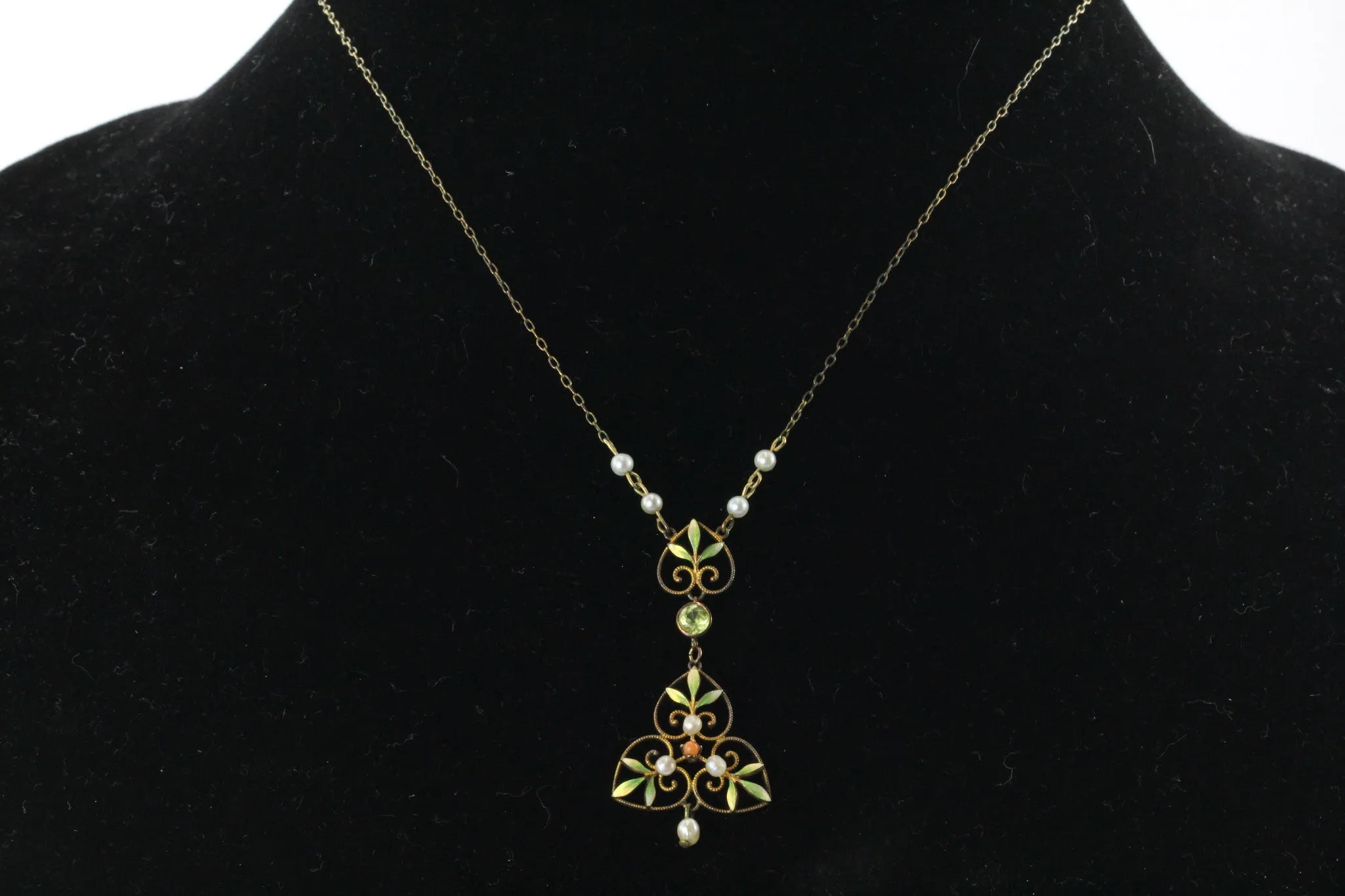 Art Nouveau 14K Gold Peridot, Coral, Pearl and Enamel Lavaliere