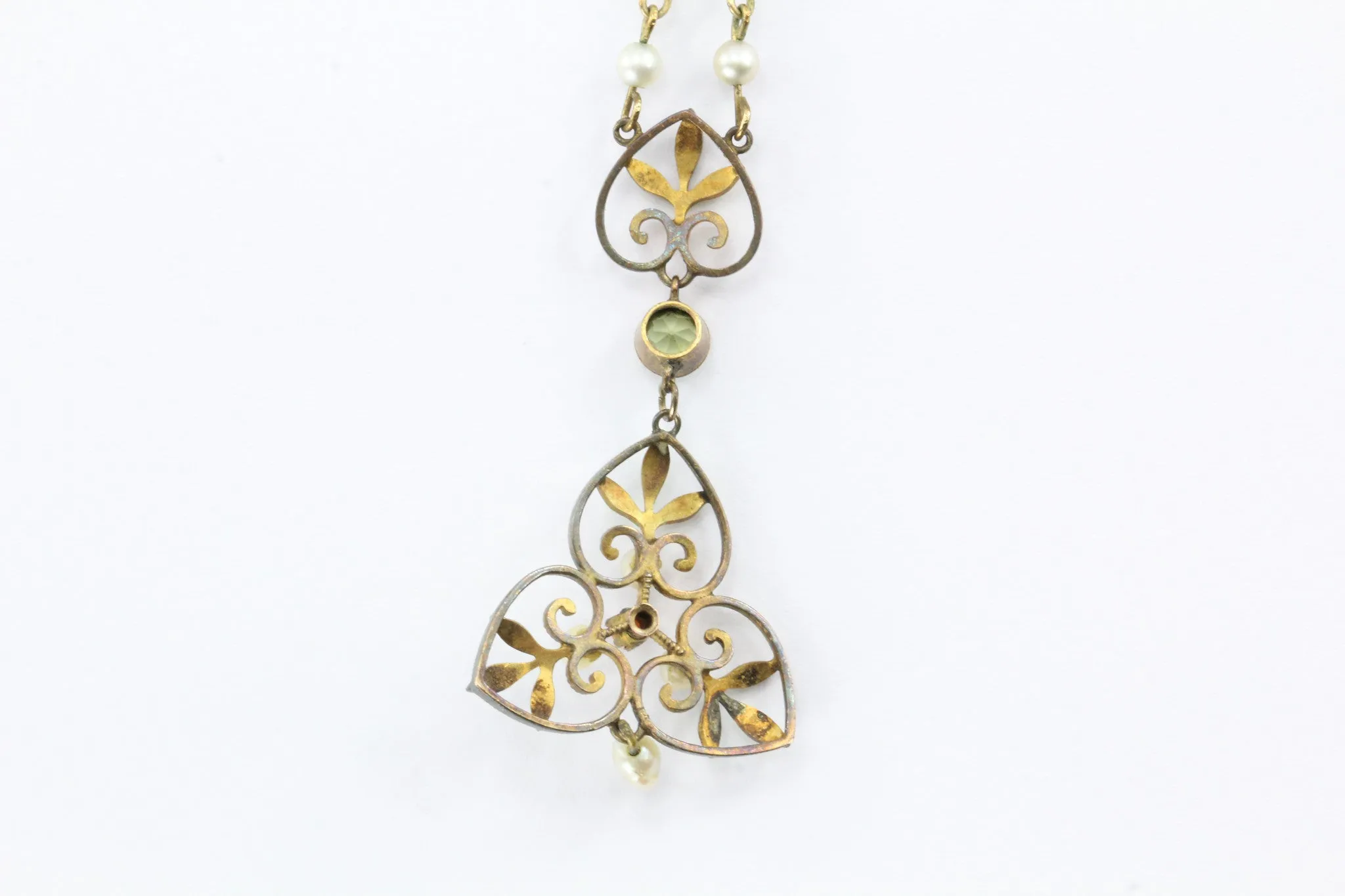 Art Nouveau 14K Gold Peridot, Coral, Pearl and Enamel Lavaliere