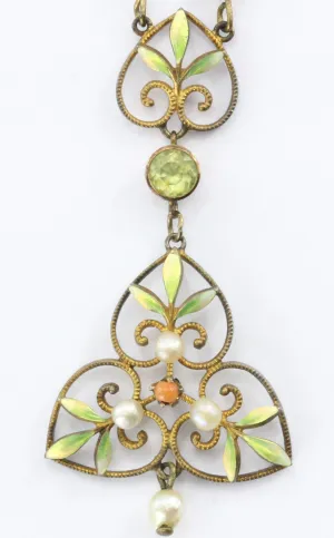 Art Nouveau 14K Gold Peridot, Coral, Pearl and Enamel Lavaliere