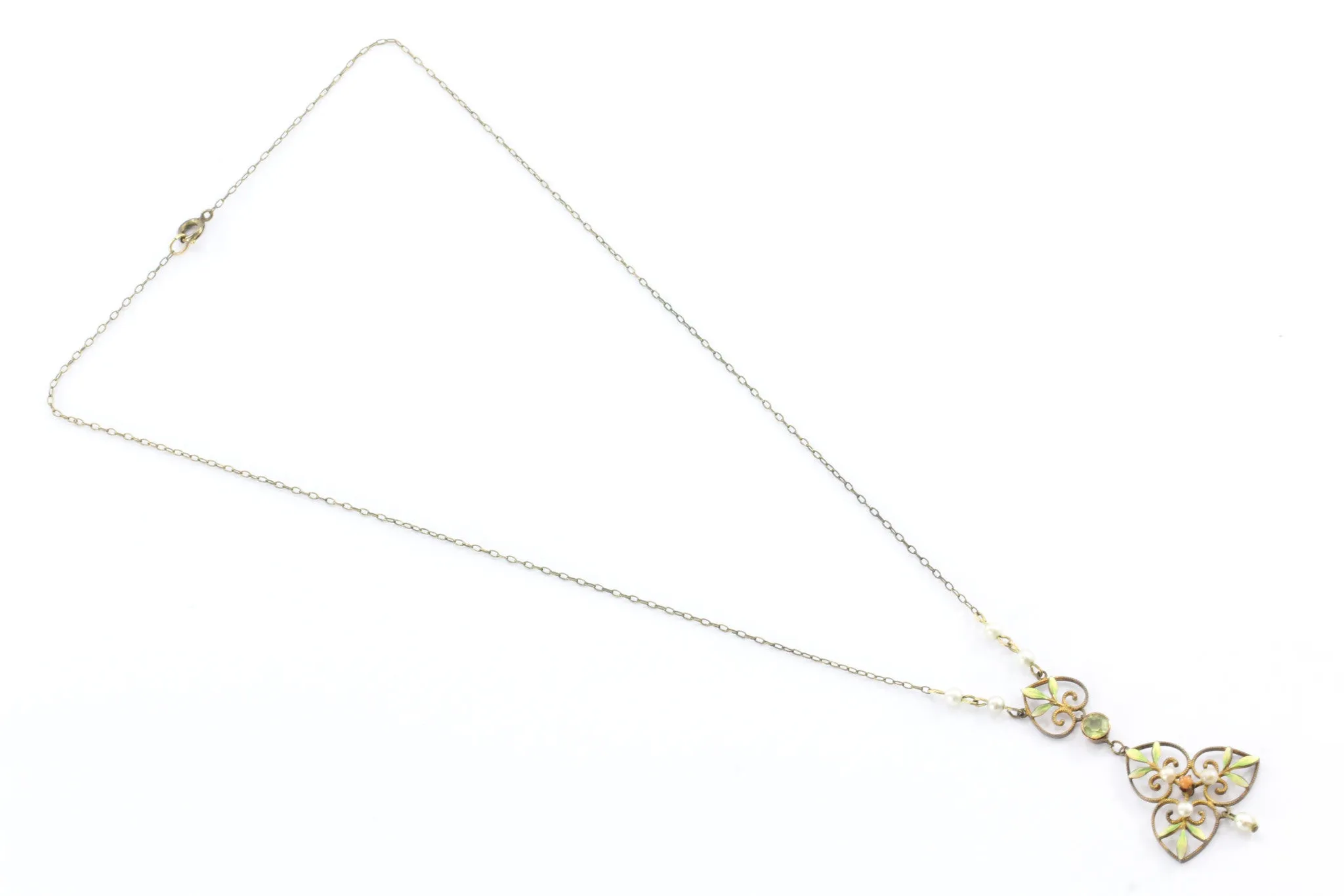 Art Nouveau 14K Gold Peridot, Coral, Pearl and Enamel Lavaliere