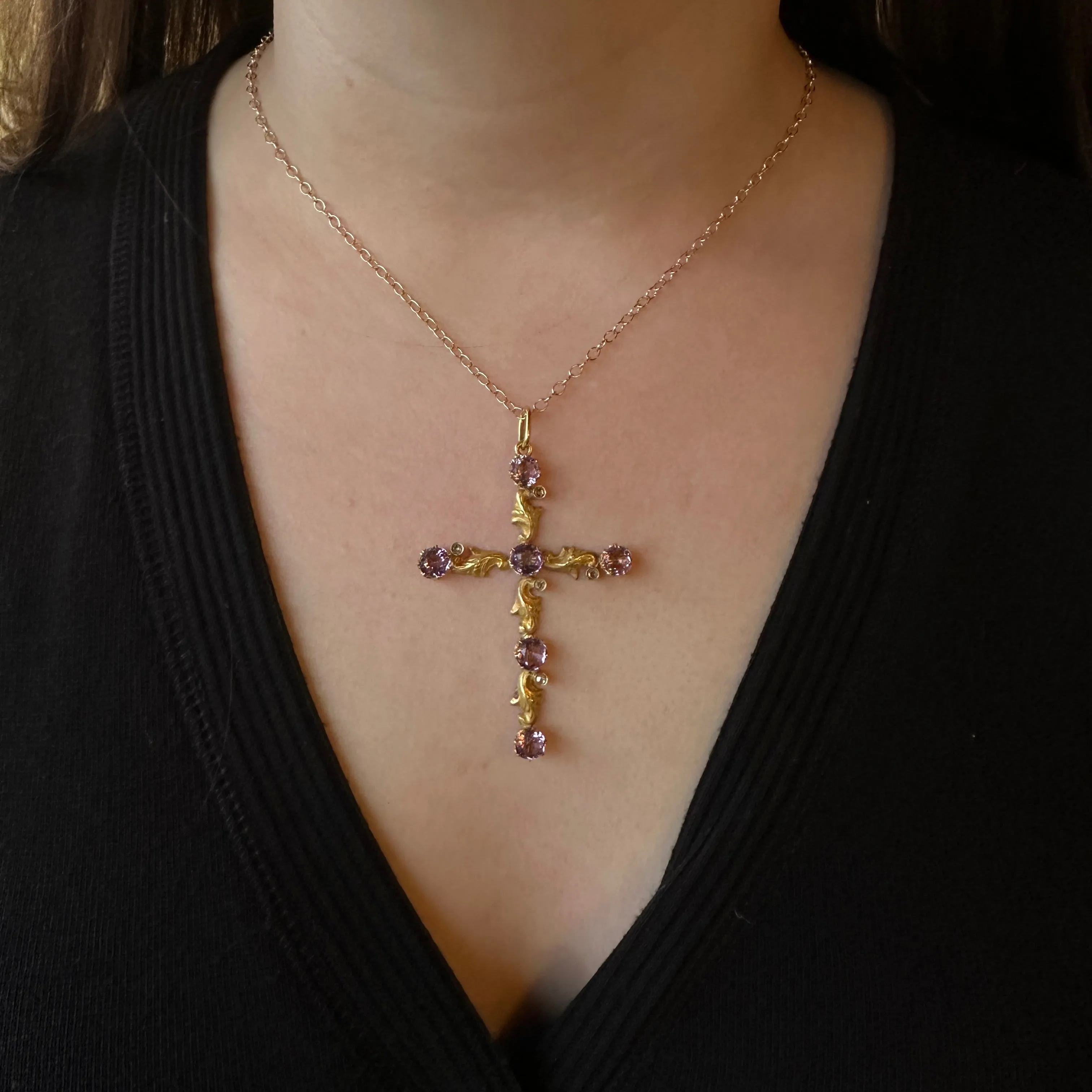 Art Nouveau 4.85 CTW Amethyst and Diamond Cross Pendant