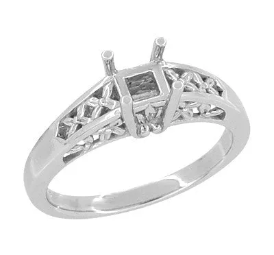 Art Nouveau Flowers & Leaves Platinum Filigree Engagement Ring Setting for a 1/2 Carat Diamond