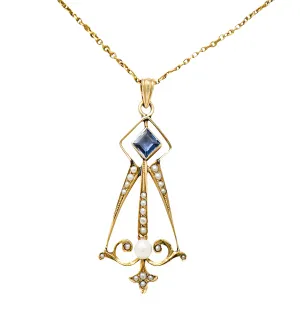 Art Nouveau Sapphire Pearl 14 Karat Gold Pendant Necklace