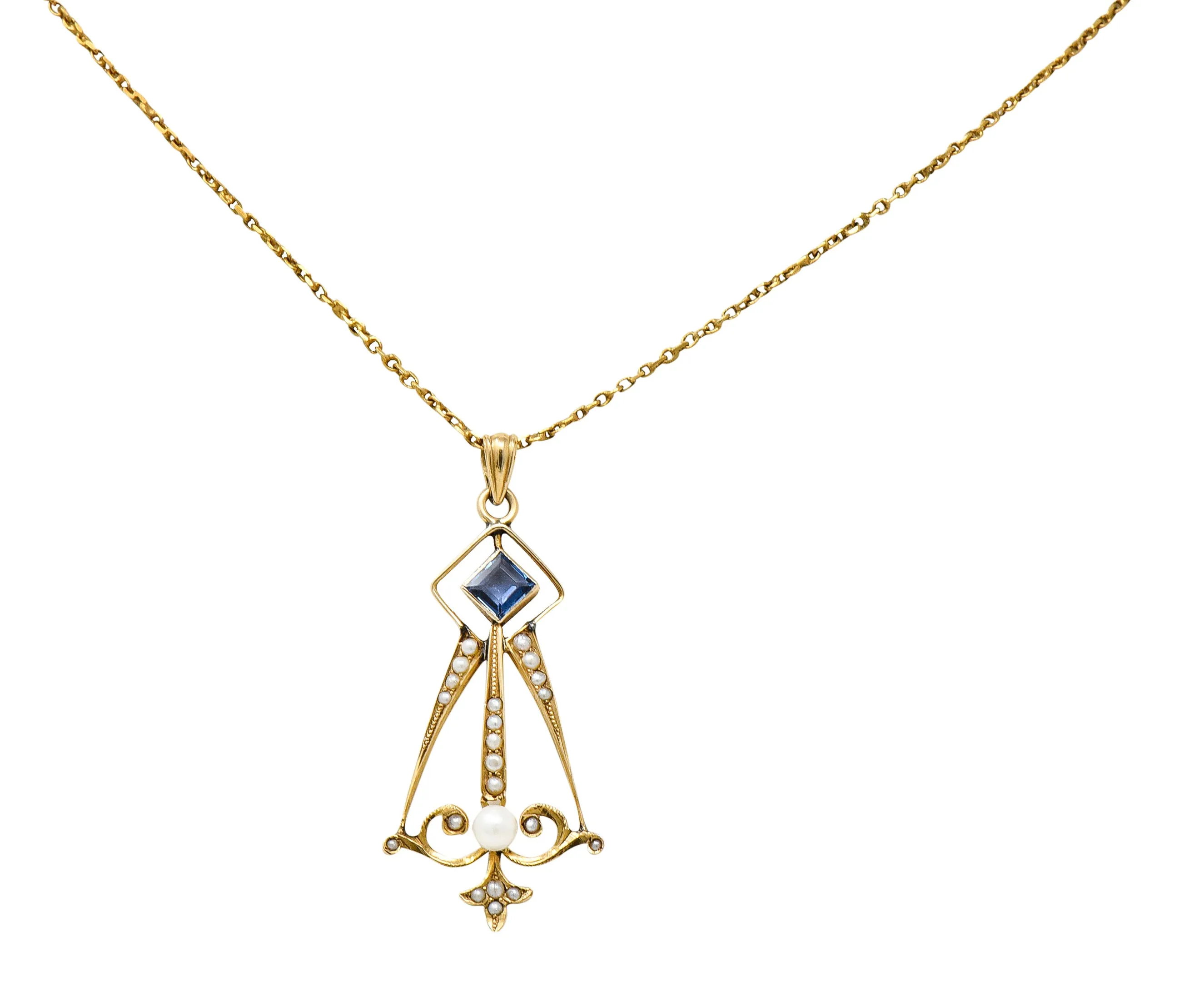 Art Nouveau Sapphire Pearl 14 Karat Gold Pendant Necklace