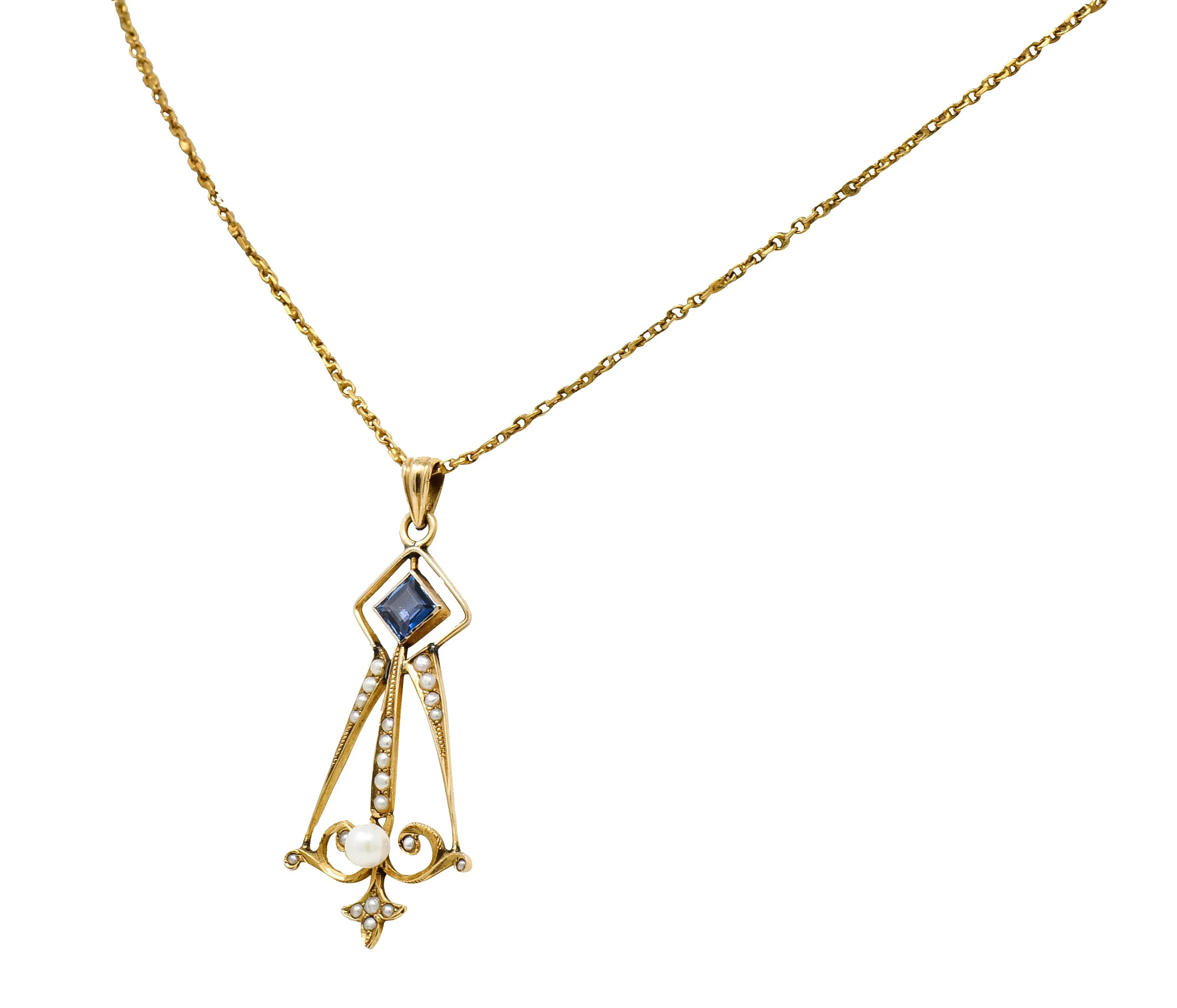 Art Nouveau Sapphire Pearl 14 Karat Gold Pendant Necklace