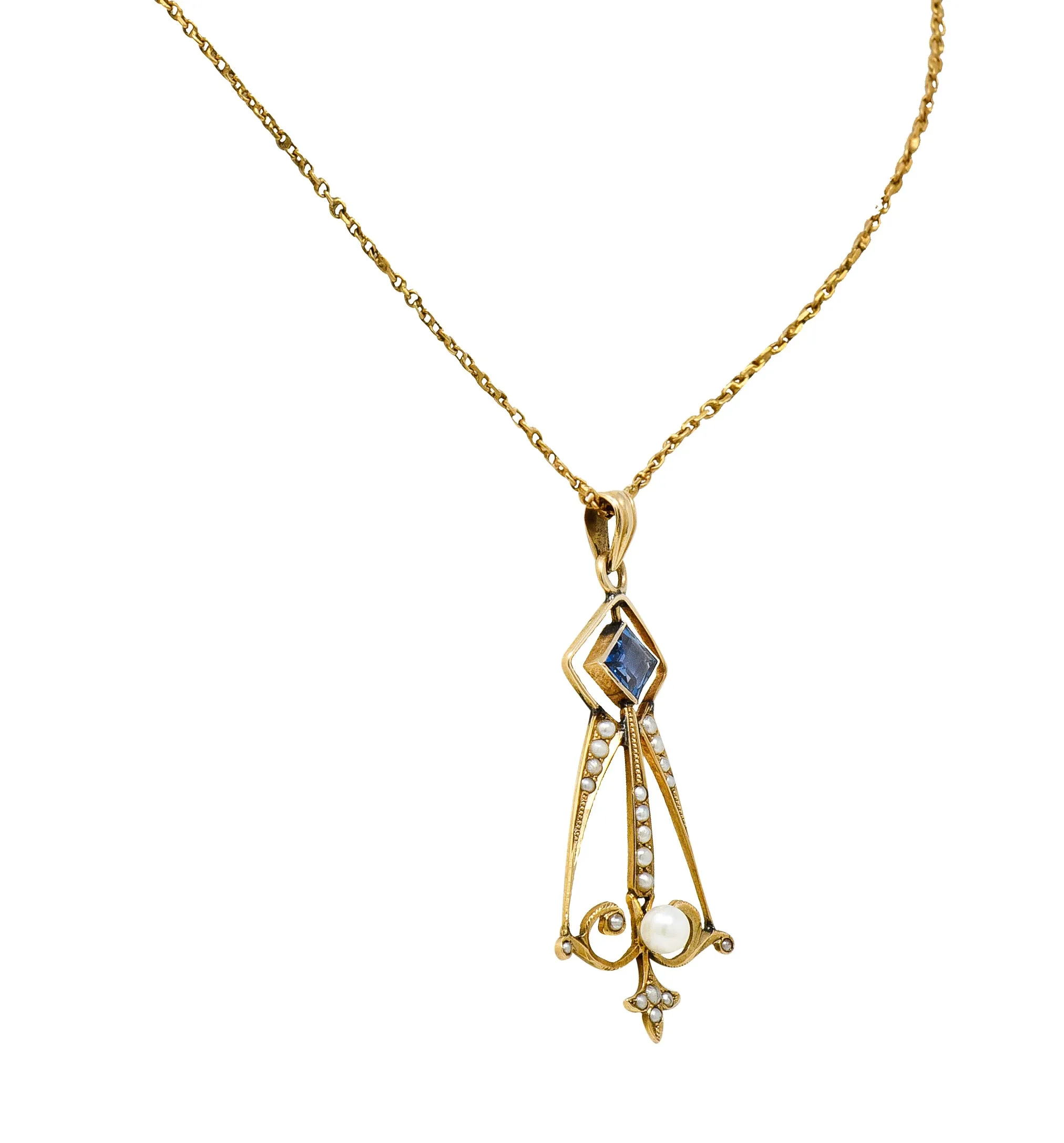 Art Nouveau Sapphire Pearl 14 Karat Gold Pendant Necklace