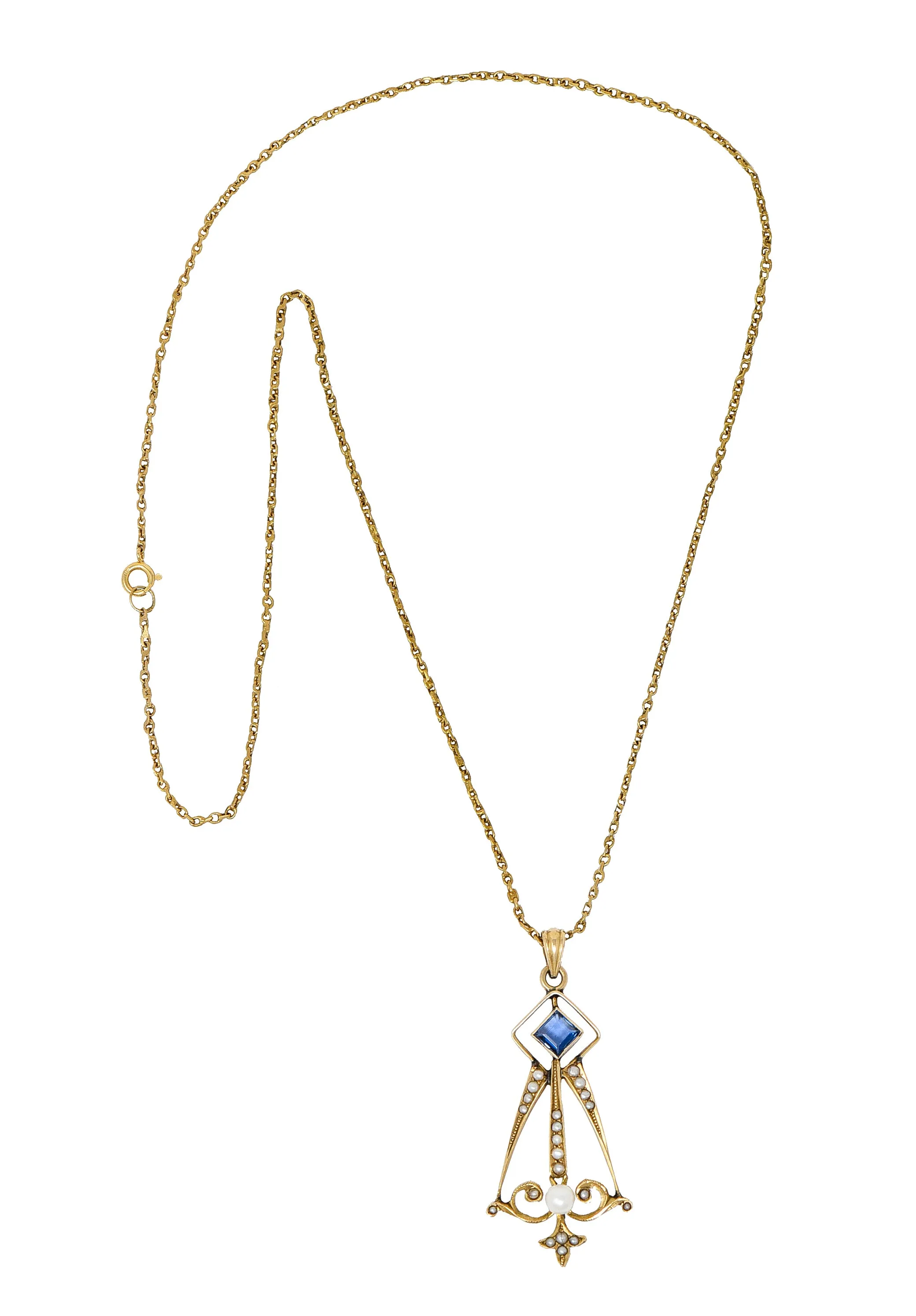 Art Nouveau Sapphire Pearl 14 Karat Gold Pendant Necklace