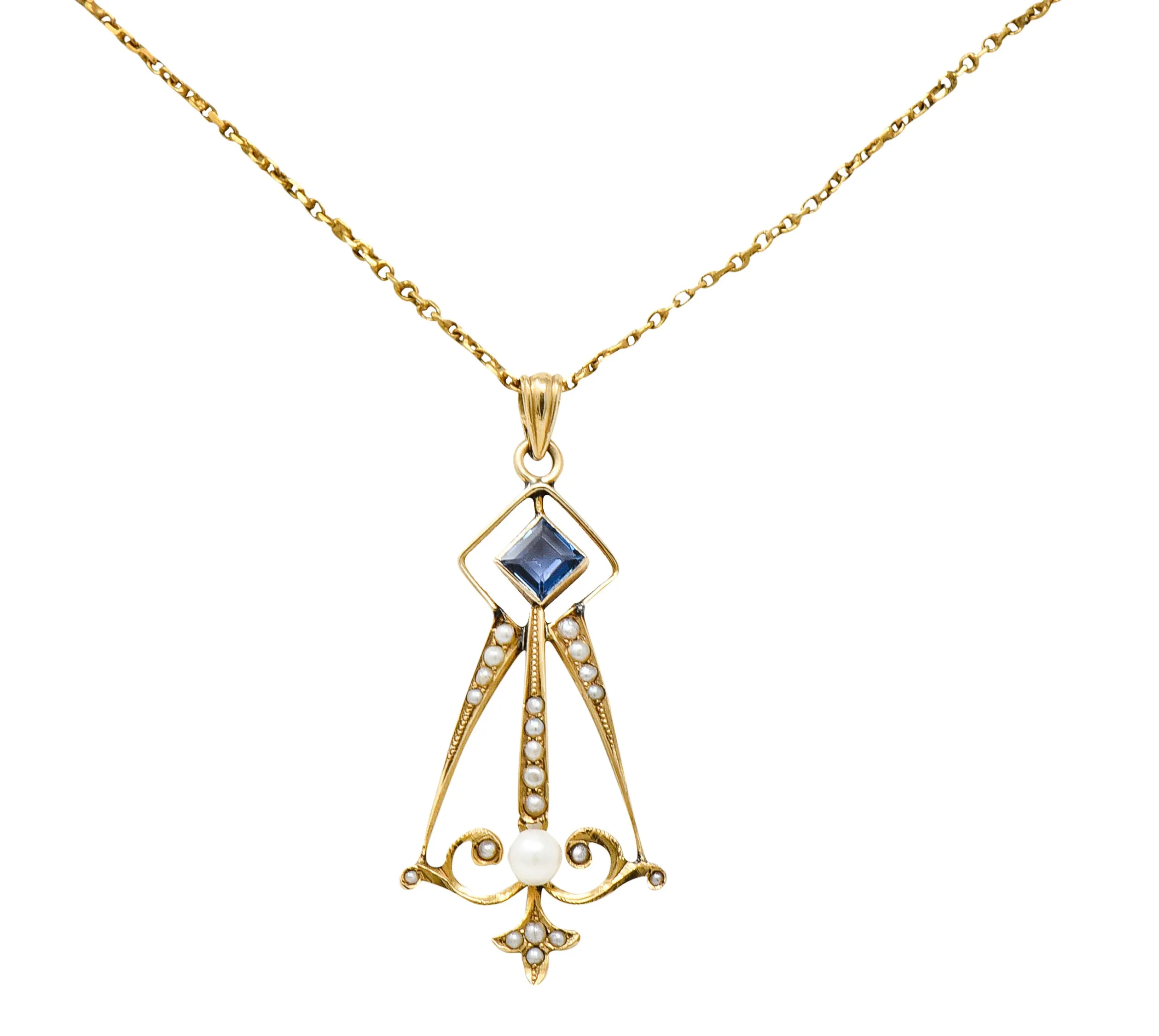 Art Nouveau Sapphire Pearl 14 Karat Gold Pendant Necklace