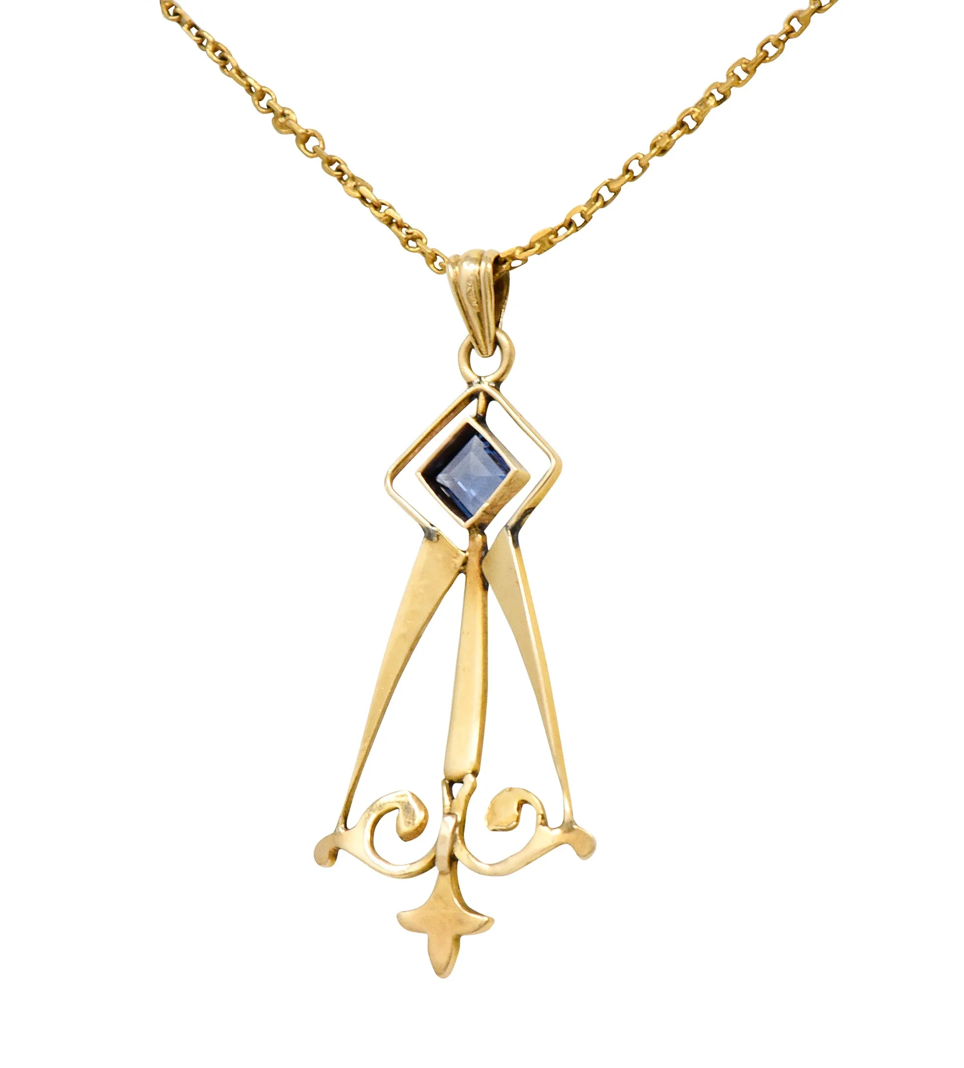Art Nouveau Sapphire Pearl 14 Karat Gold Pendant Necklace