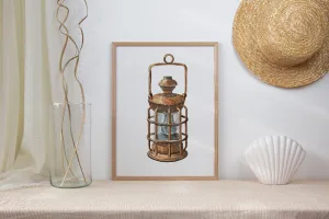 Beach Wall Art - Preppy Coastal Collection Lantern Print, Elegant Brown Watercolor for Beachy Home Gifts | Preppy Coastal Collection
