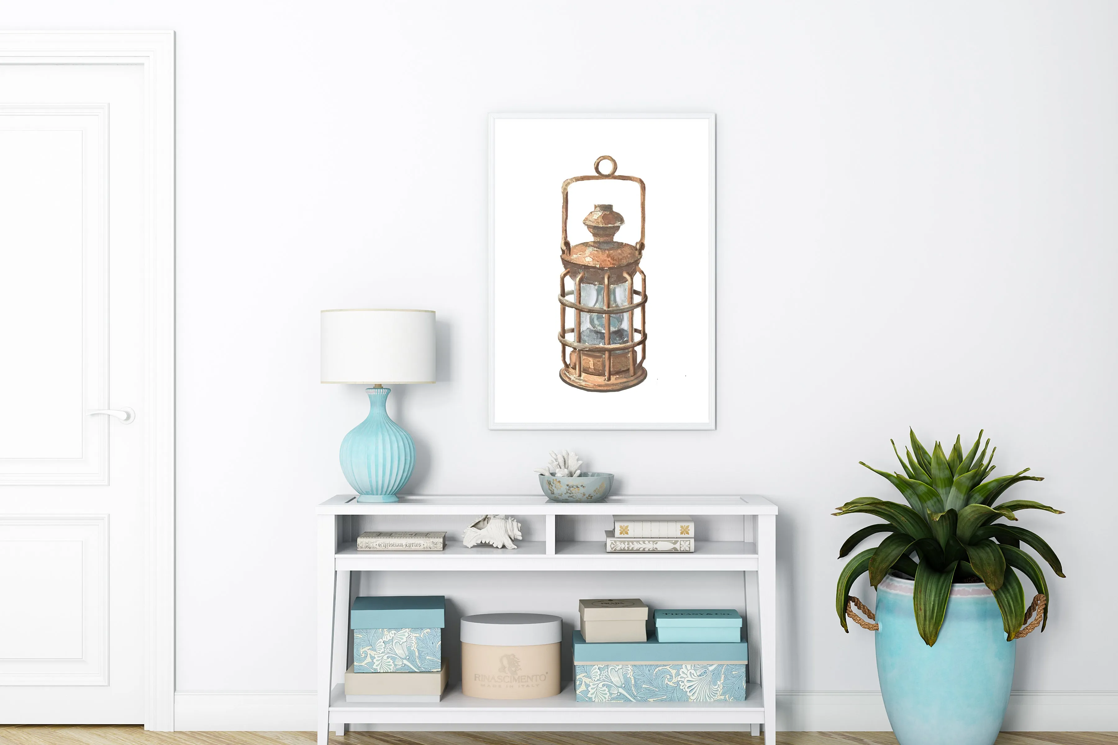 Beach Wall Art - Preppy Coastal Collection Lantern Print, Elegant Brown Watercolor for Beachy Home Gifts | Preppy Coastal Collection