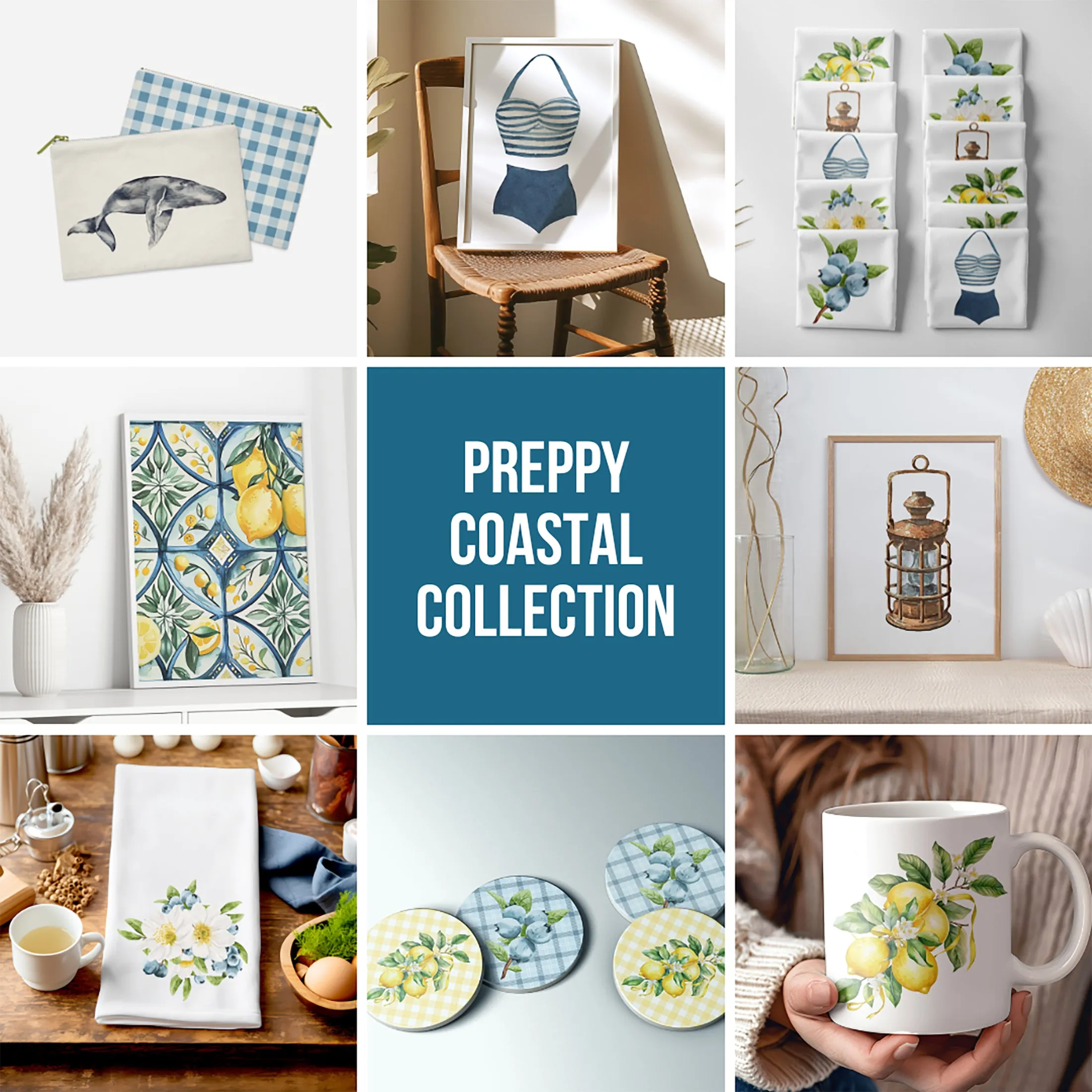 Beach Wall Art - Preppy Coastal Collection Lantern Print, Elegant Brown Watercolor for Beachy Home Gifts | Preppy Coastal Collection