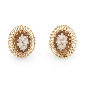 Bouquet of Flowers Cameo Clip Earrings Vintage 14k Yellow Gold Estate Jewelry