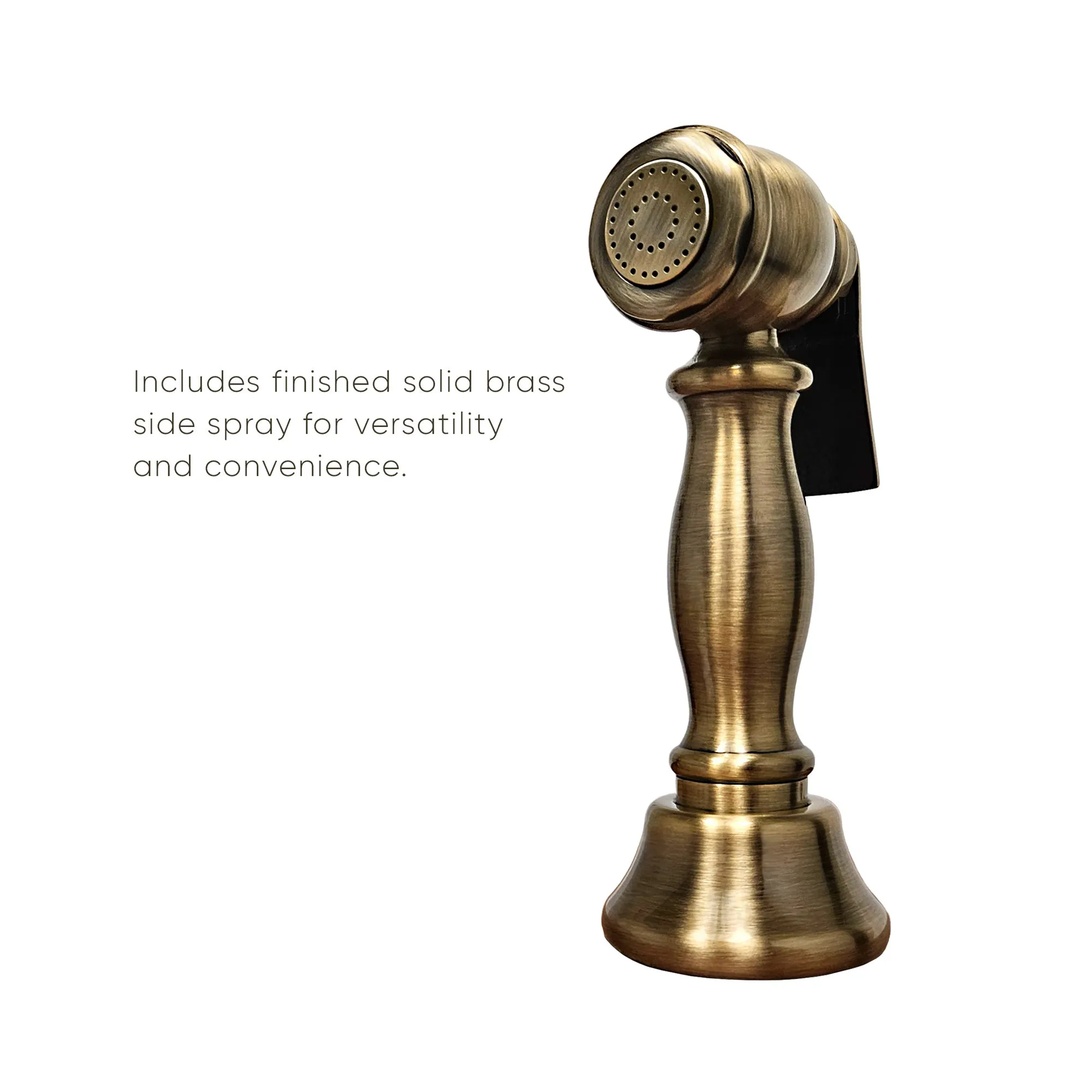 Bridge Faucet with Long Gooseneck Swivel Spout, Cross Handles and Solid Brass Side Spray