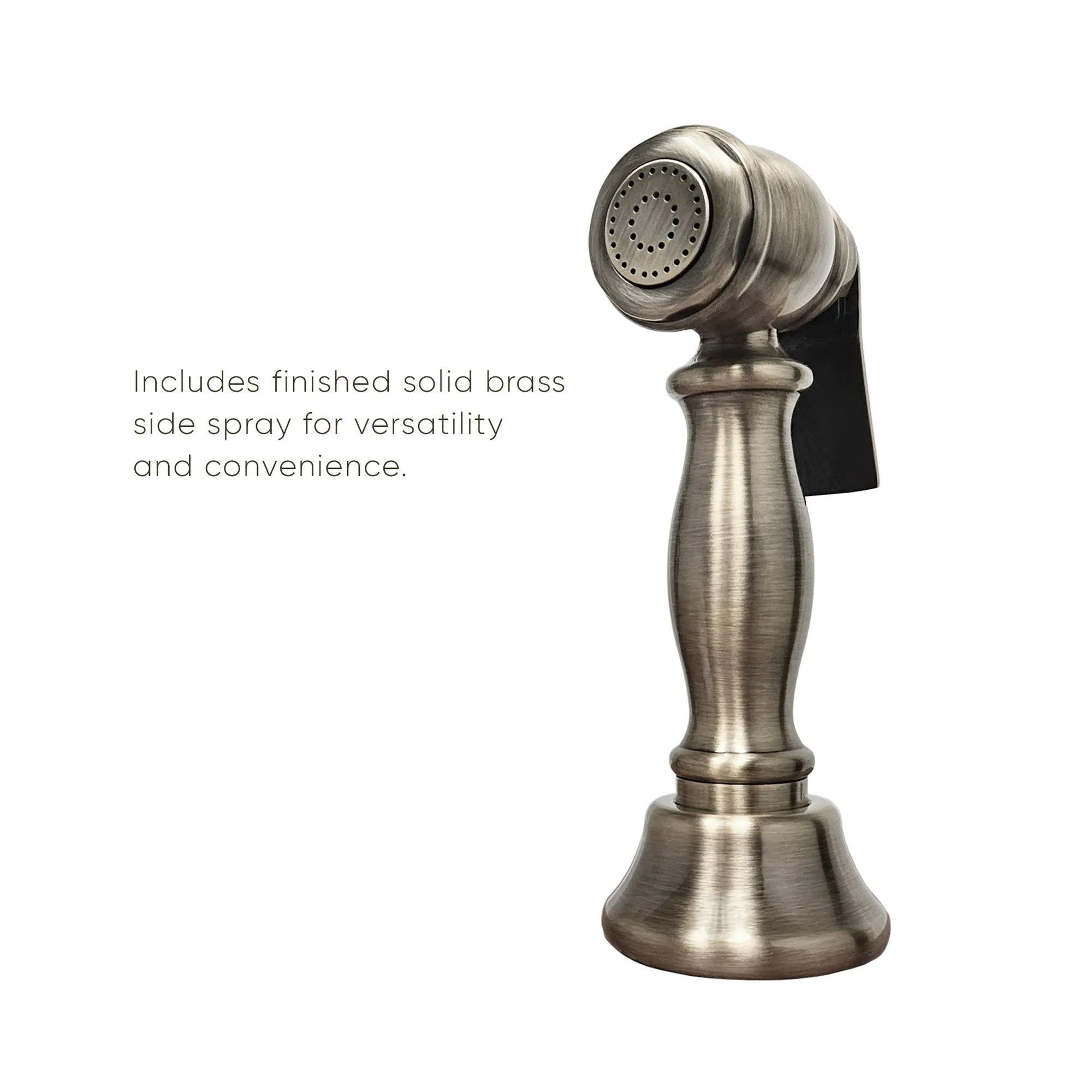 Bridge Faucet with Long Gooseneck Swivel Spout, Cross Handles and Solid Brass Side Spray