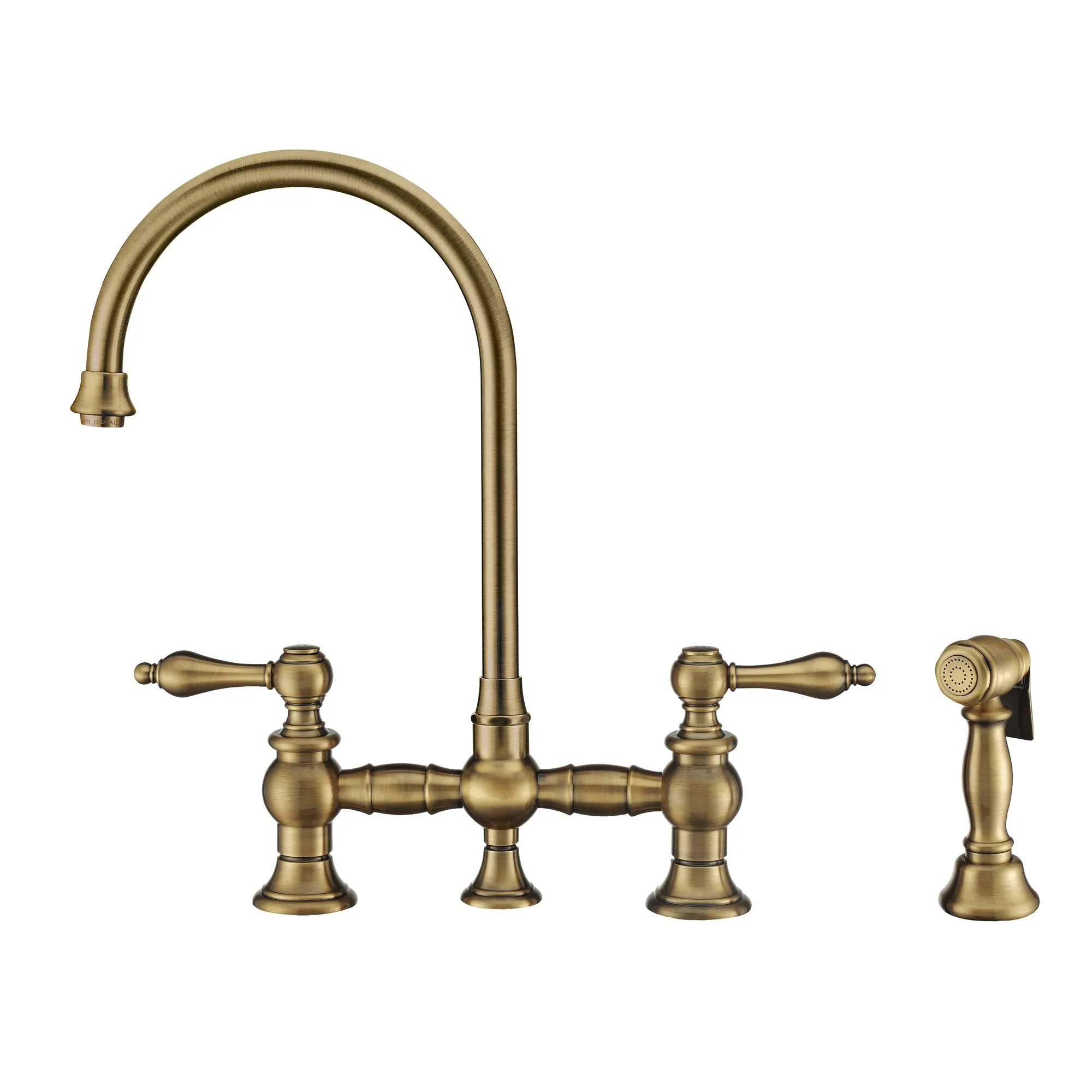 Bridge Faucet with Long Gooseneck Swivel Spout, Lever Handles and Solid Brass Side Spray