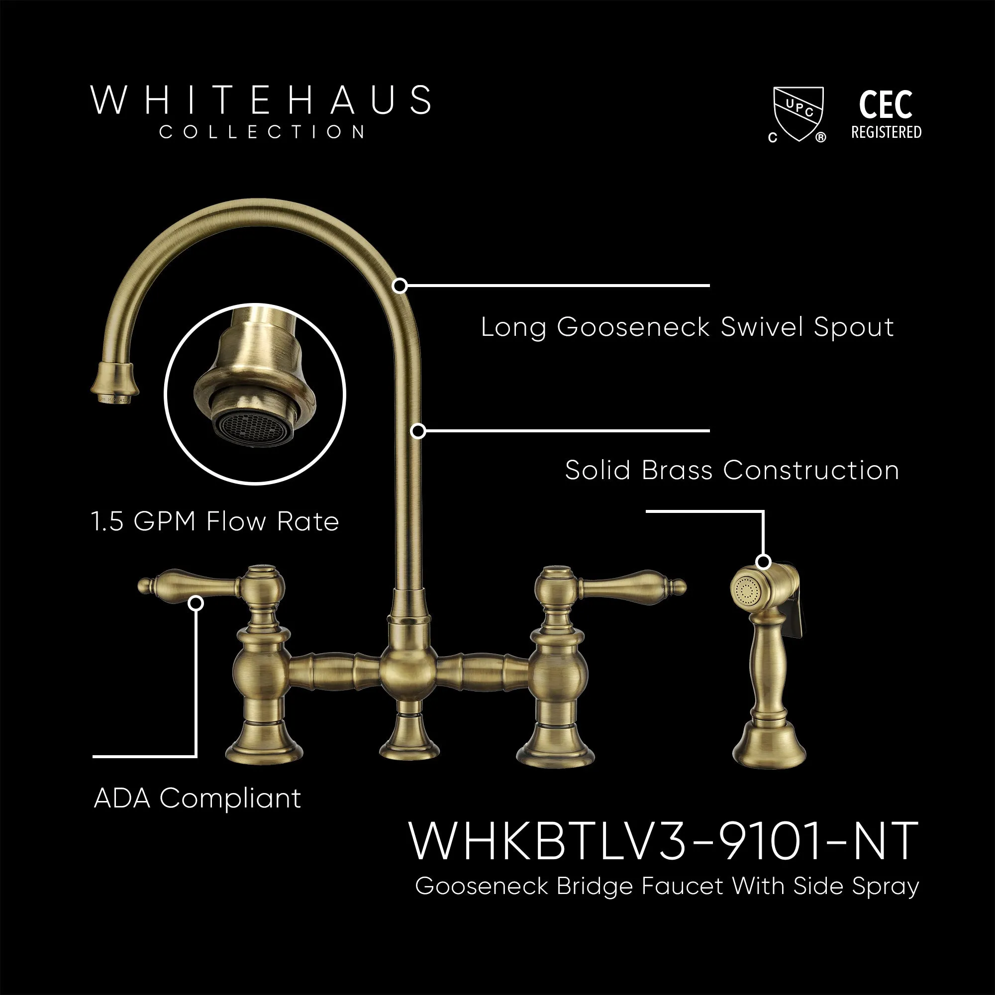 Bridge Faucet with Long Gooseneck Swivel Spout, Lever Handles and Solid Brass Side Spray