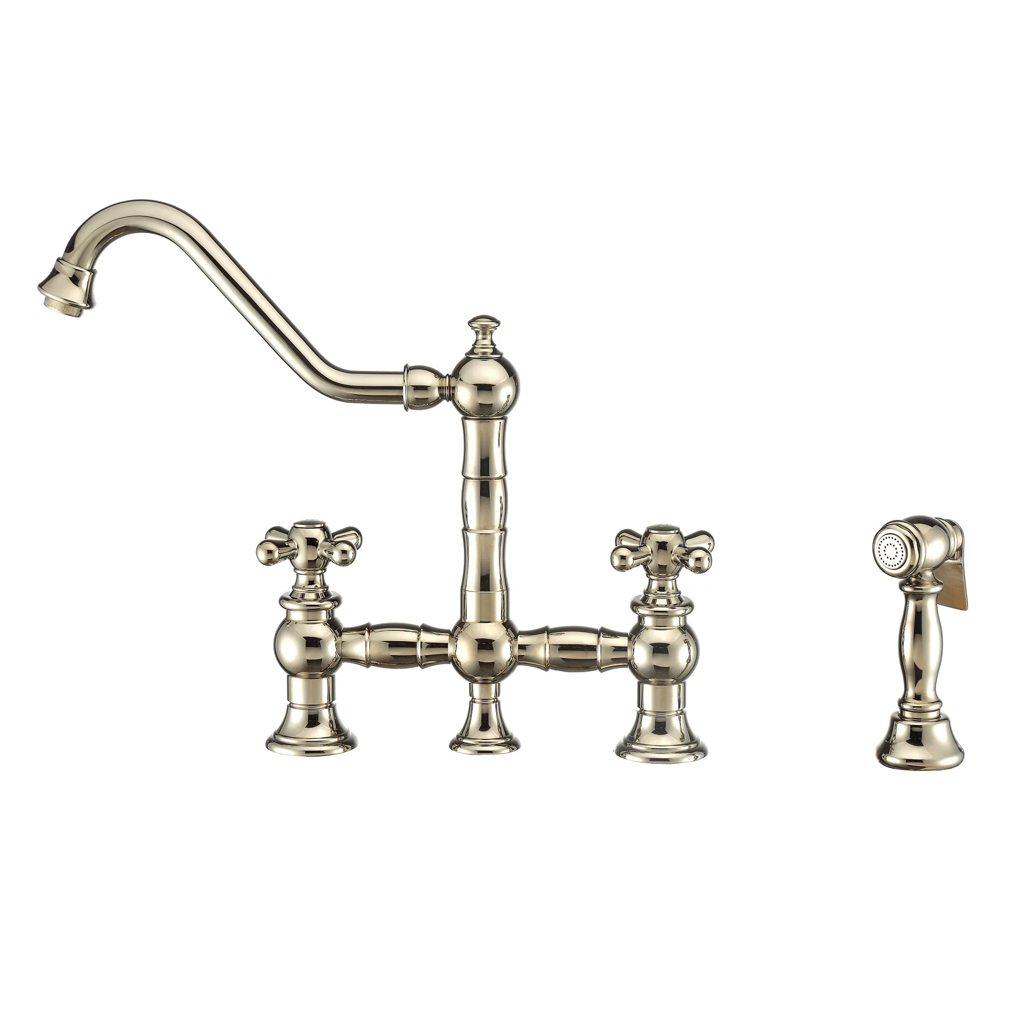 Bridge Faucet with Long Traditional Swivel Spout, Cross Handles and Solid Brass Side Spray