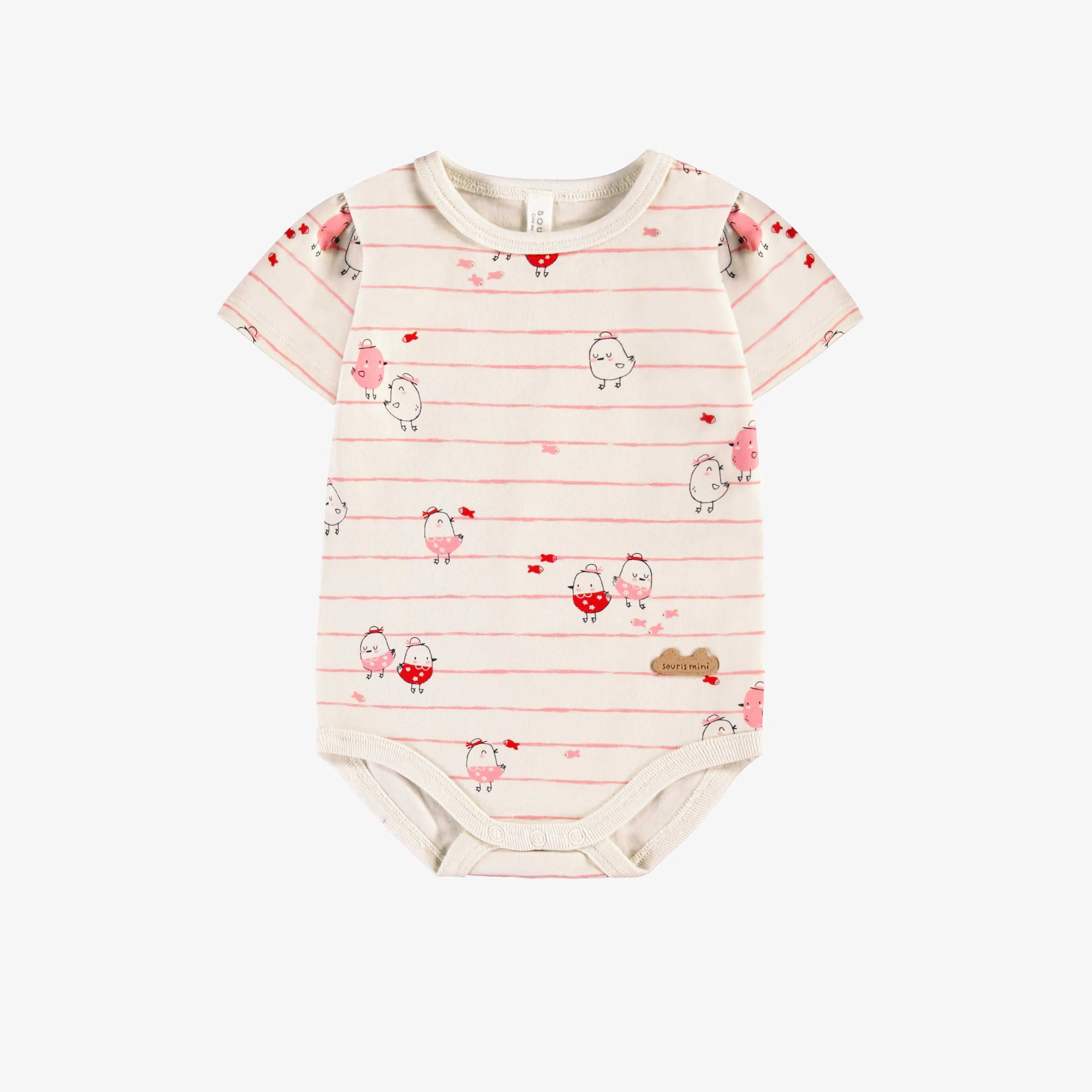 Cache-couche crème à rayures roses et motifs, naissance || Cream bodysuit with pink stripes and all over print, newborn