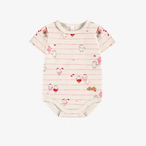 Cache-couche crème à rayures roses et motifs, naissance || Cream bodysuit with pink stripes and all over print, newborn