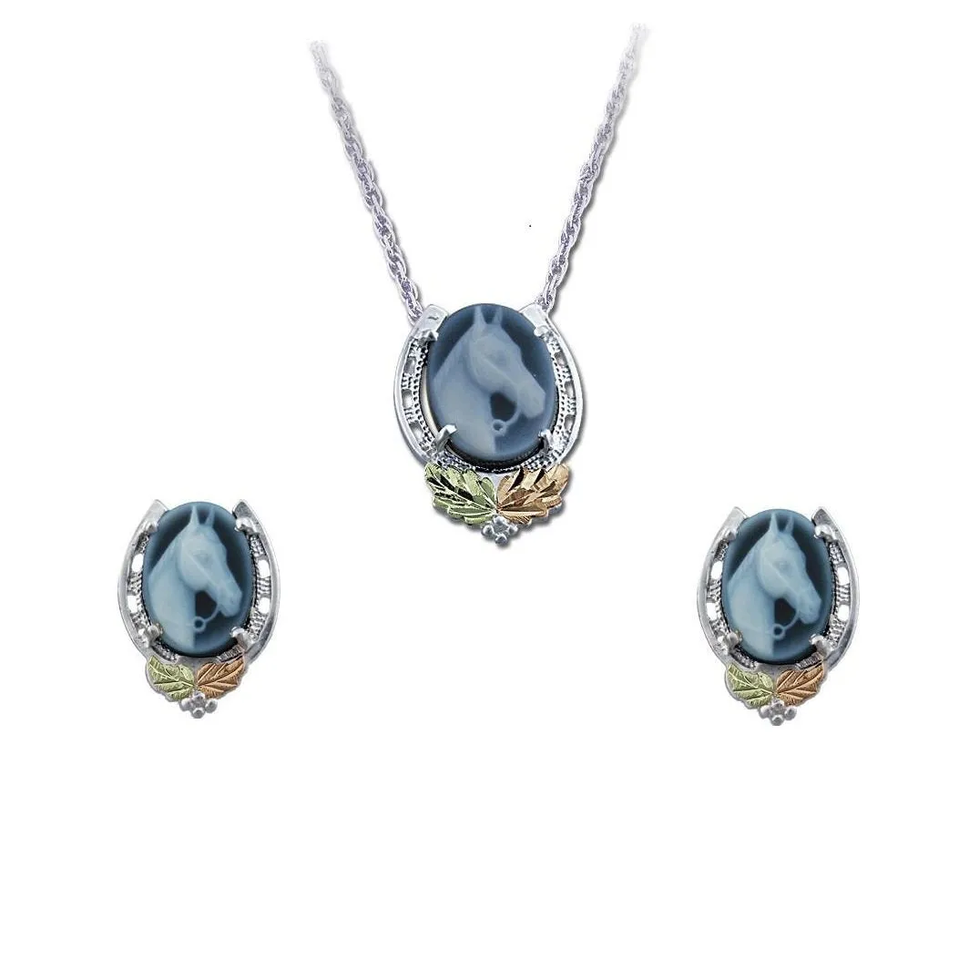 Cameo Horse - Silver Black Hills Gold Earrings & Pendant Set