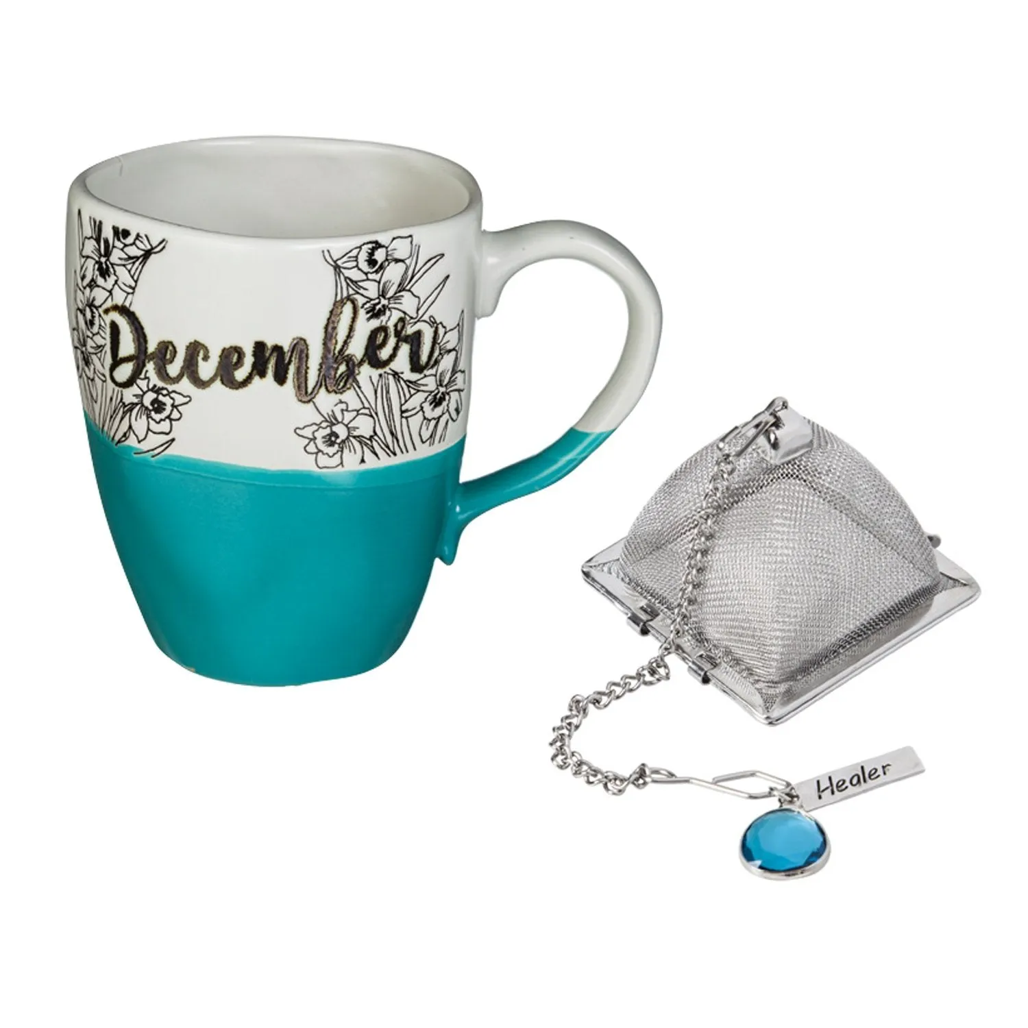 Ceramic Birthday Cup w/ metallic accent, Tea Charm, and box, 16 OZ., December,3amh6837l