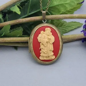 Christmas Theme Santa Claus Cameo Locket Necklace Jewelry.