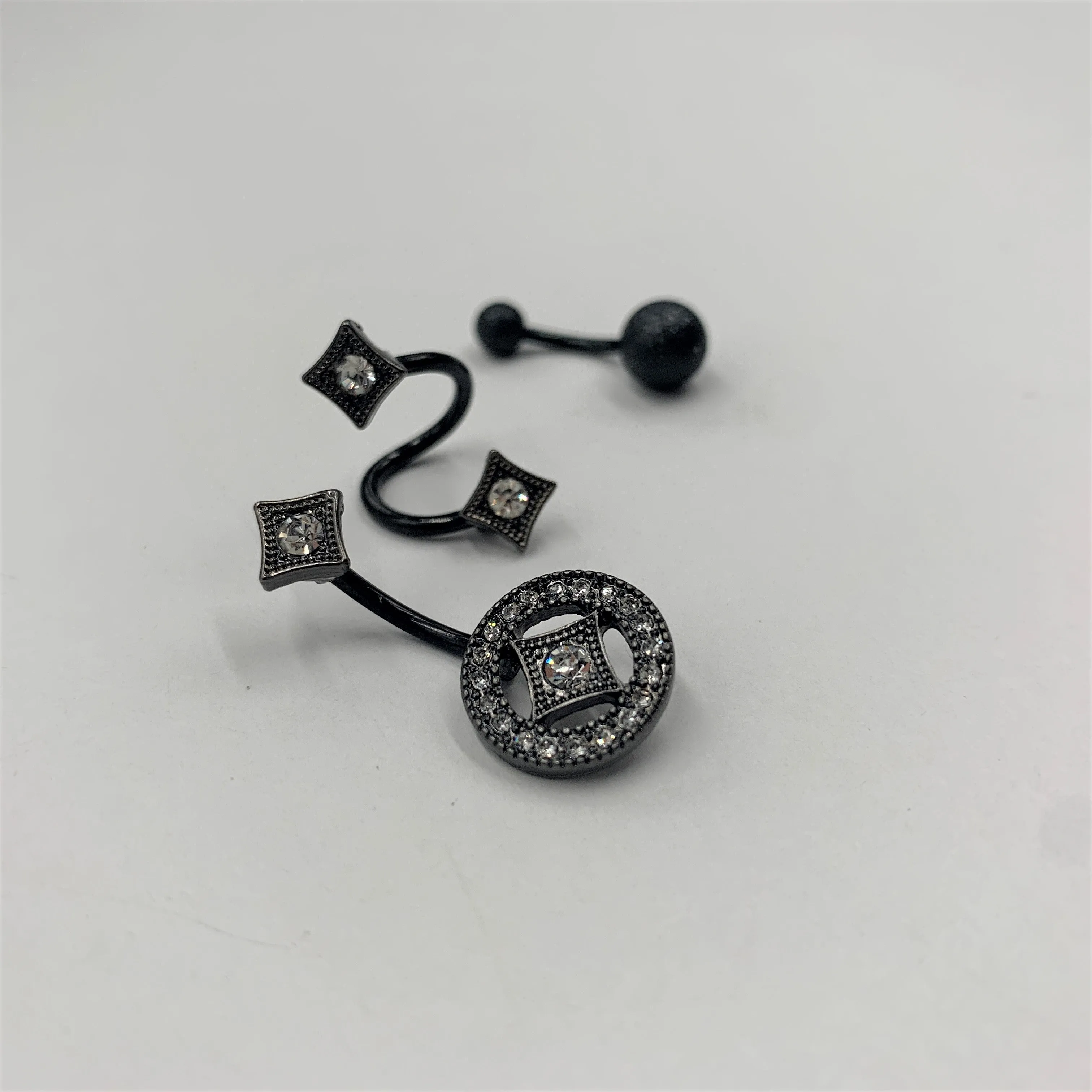 Clear Gem Black Sandblasted Spiral Circle Belly Ring Set of 3