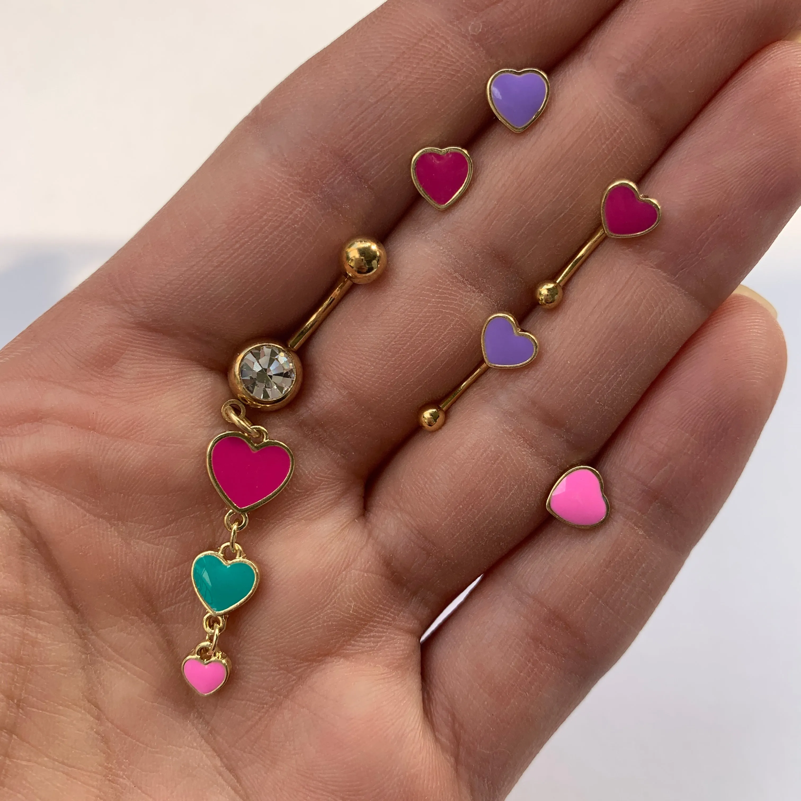 Clear Gem Gold Tone Red Pink Heart Valentines Day Dangle Belly Ring