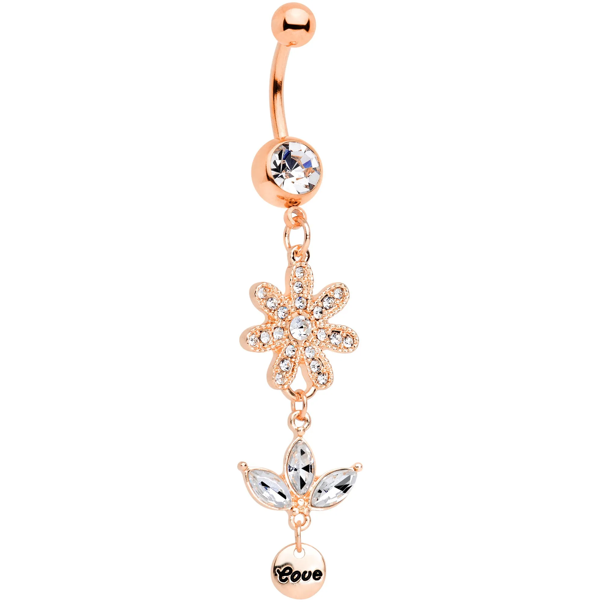 Clear Gem Rose Gold Tone Flower Leaves Love Dangle Belly Ring