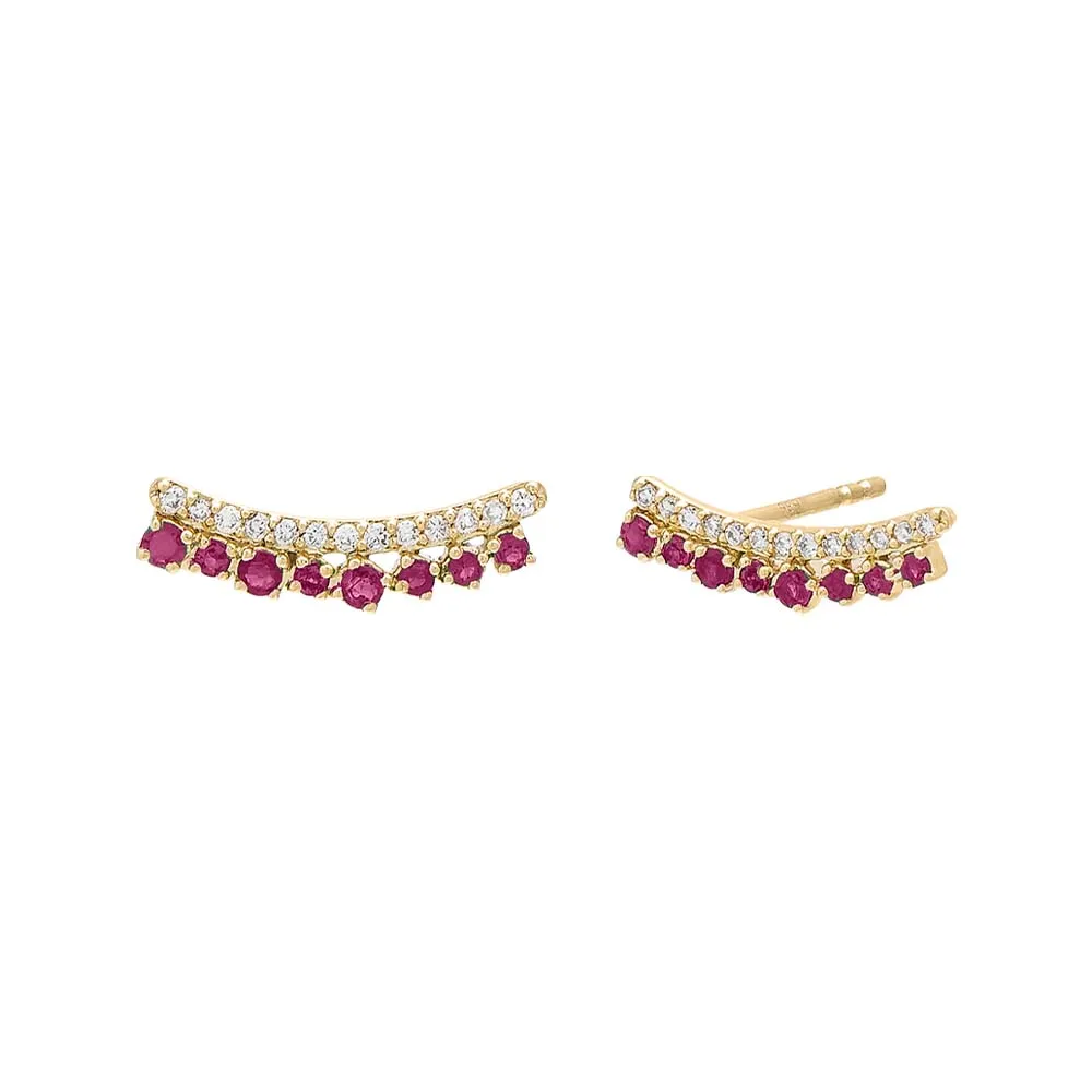 Diamond Gemstone Curved Bar Stud Earring 14K