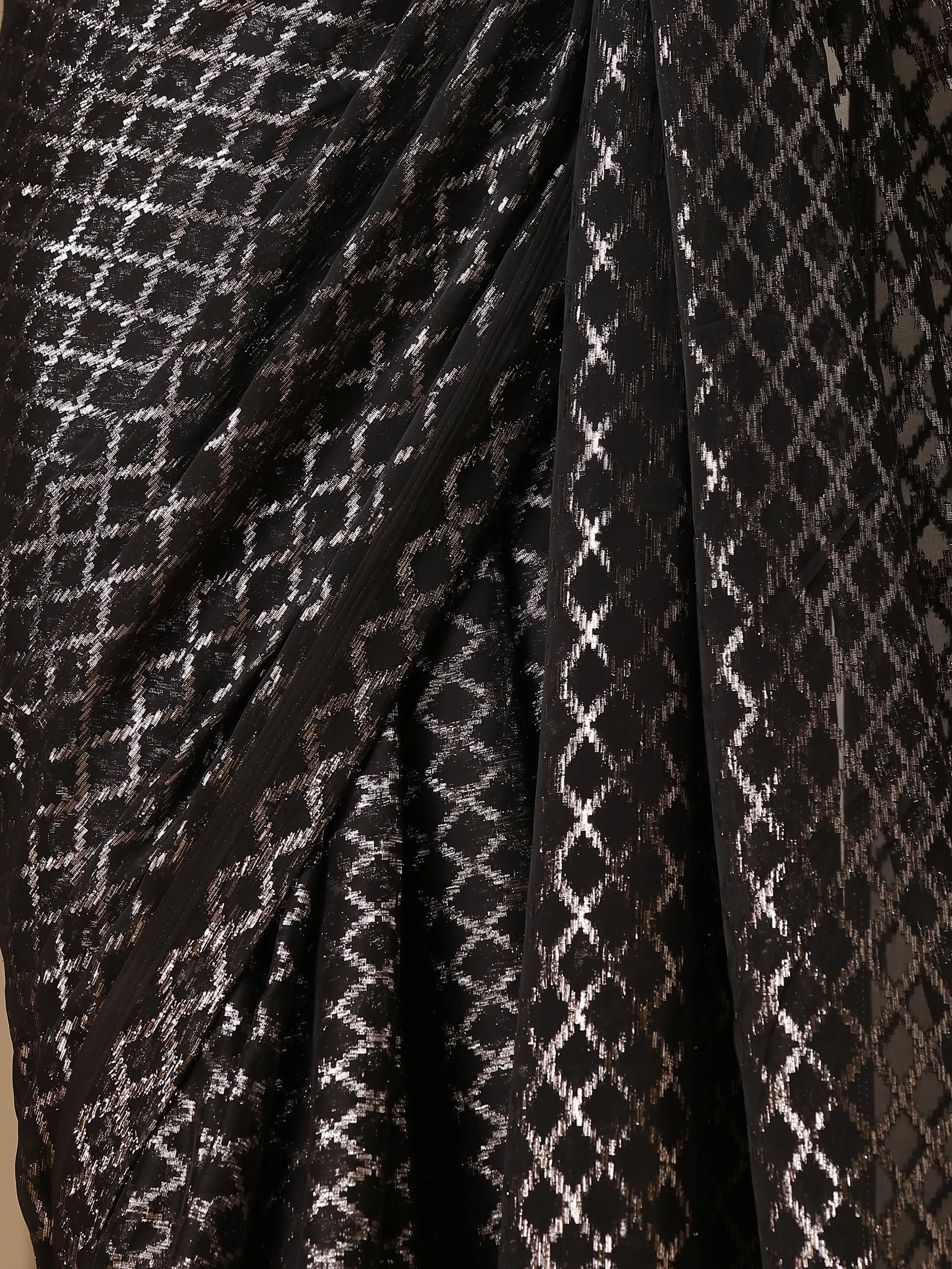 Drop Dead Black and Silver Jaal Saree with Red Satin Blouse Fabric