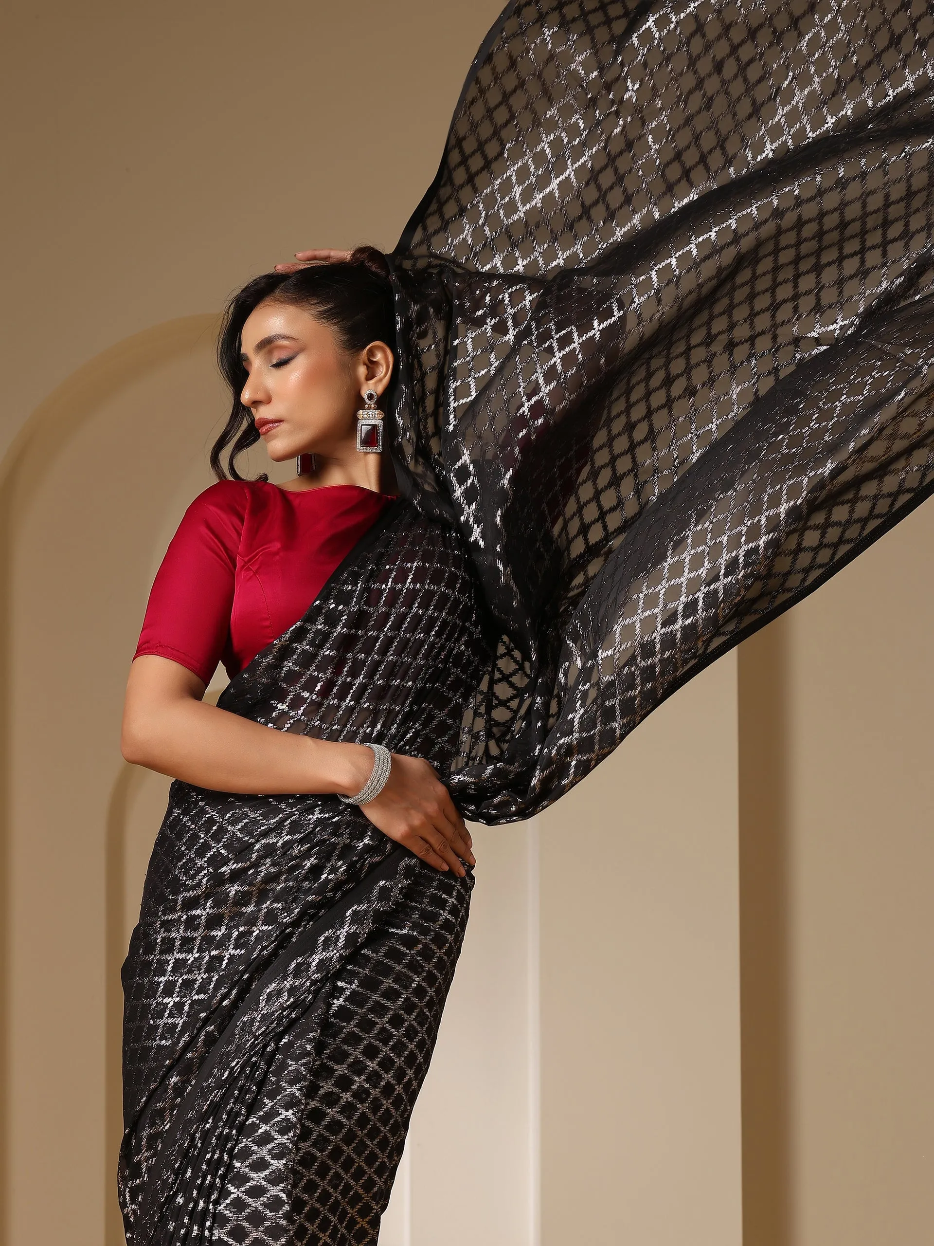 Drop Dead Black and Silver Jaal Saree with Red Satin Blouse Fabric