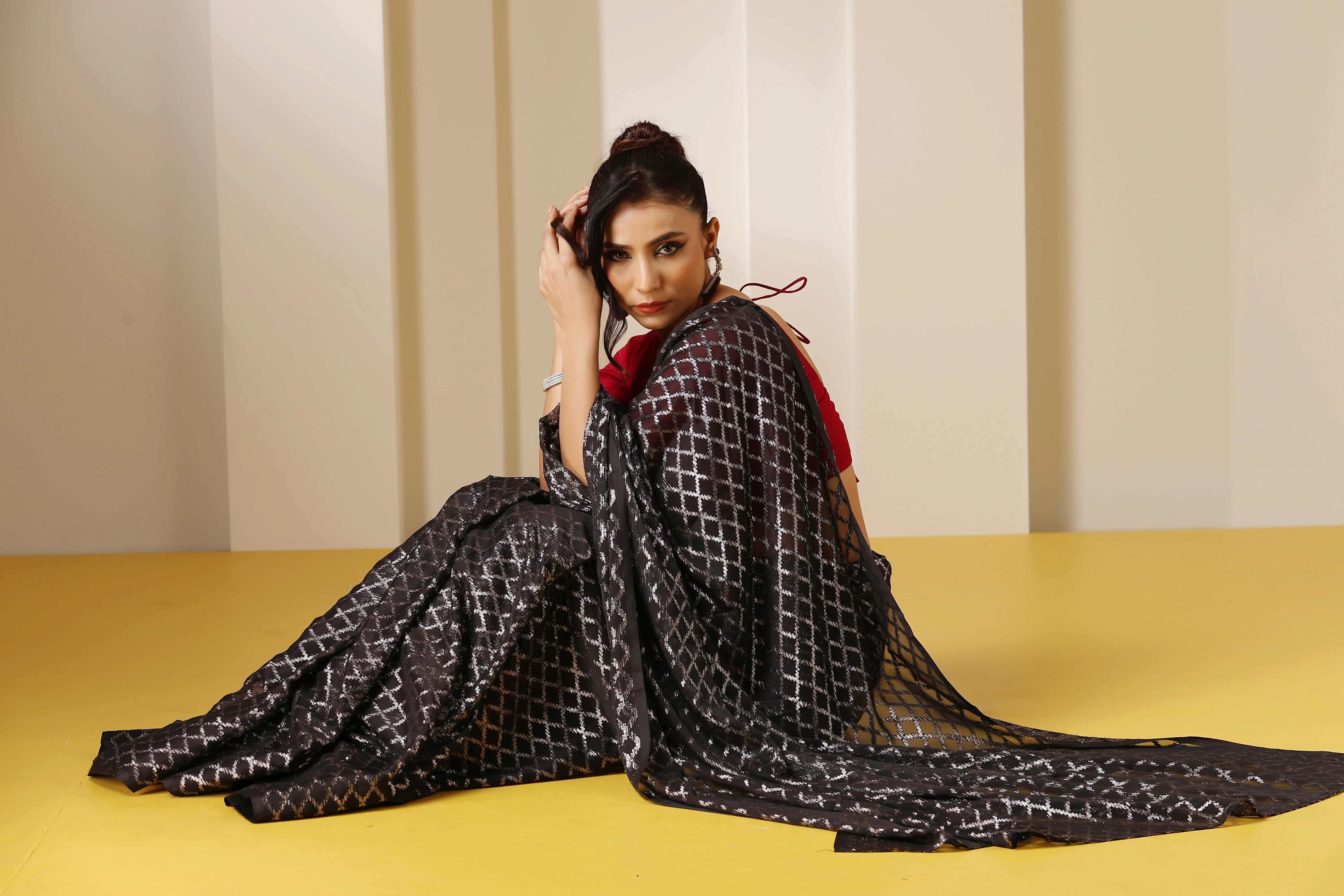 Drop Dead Black and Silver Jaal Saree with Red Satin Blouse Fabric