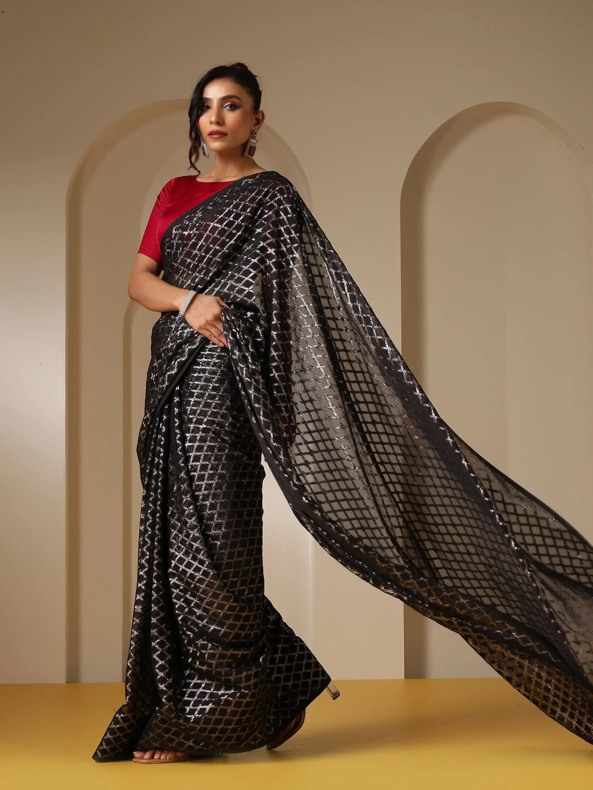 Drop Dead Black and Silver Jaal Saree with Red Satin Blouse Fabric