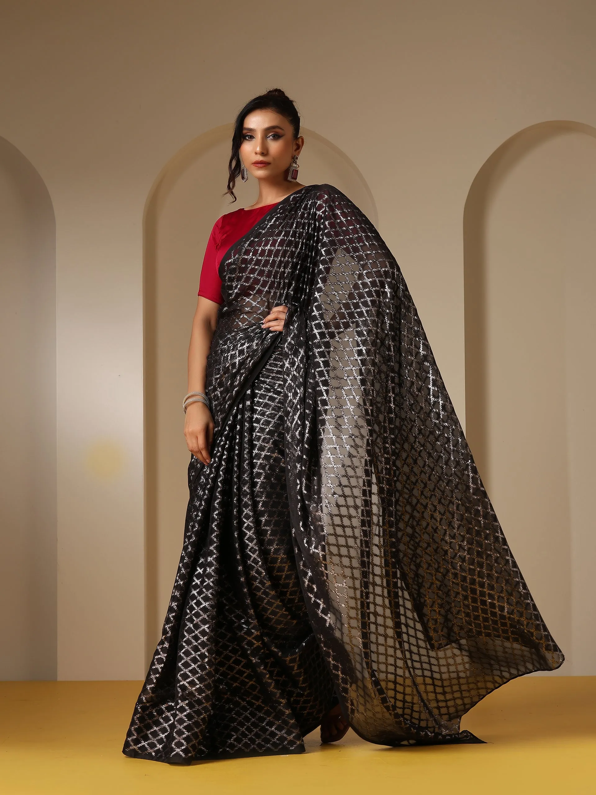 Drop Dead Black and Silver Jaal Saree with Red Satin Blouse Fabric