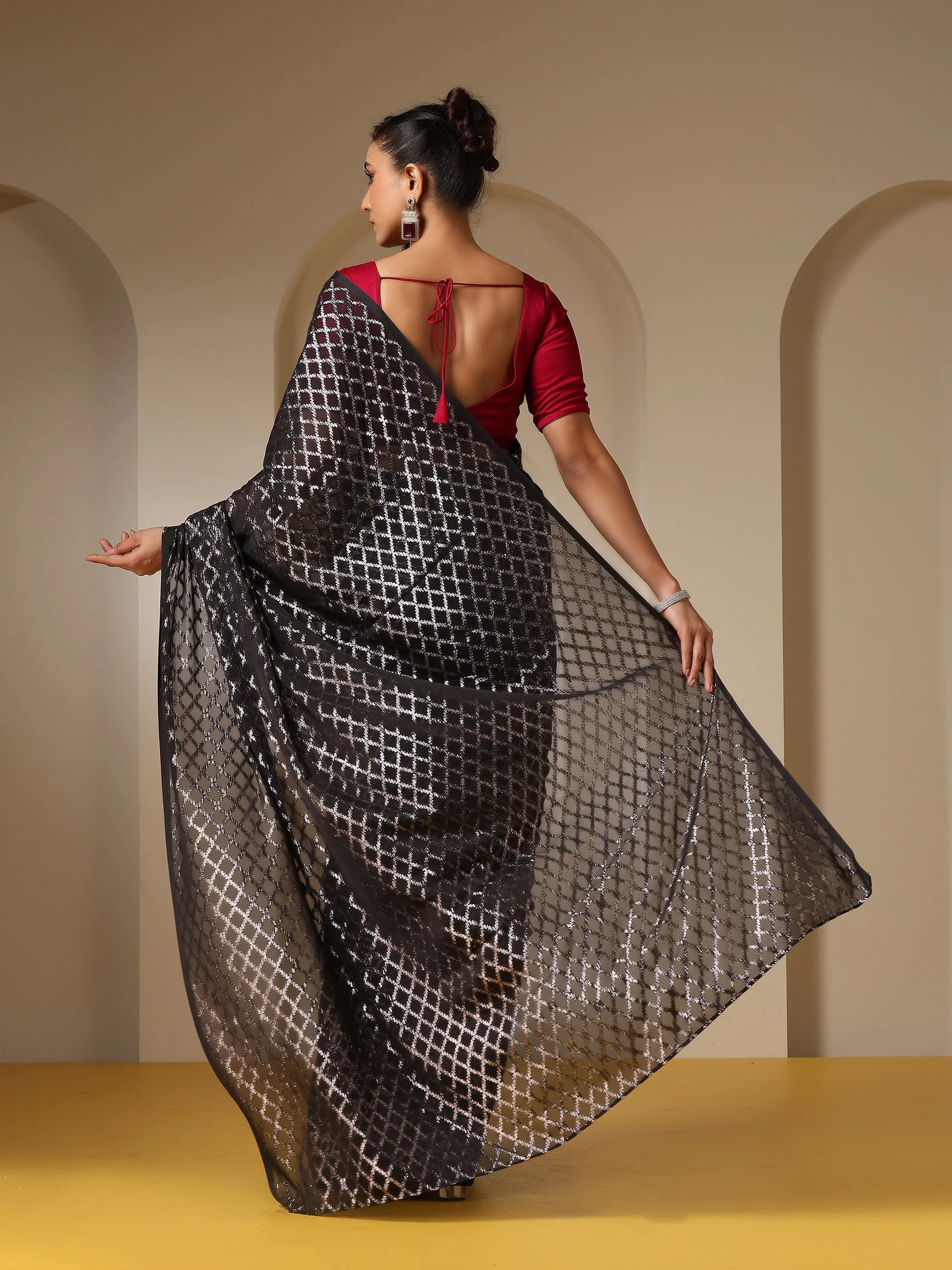 Drop Dead Black and Silver Jaal Saree with Red Satin Blouse Fabric