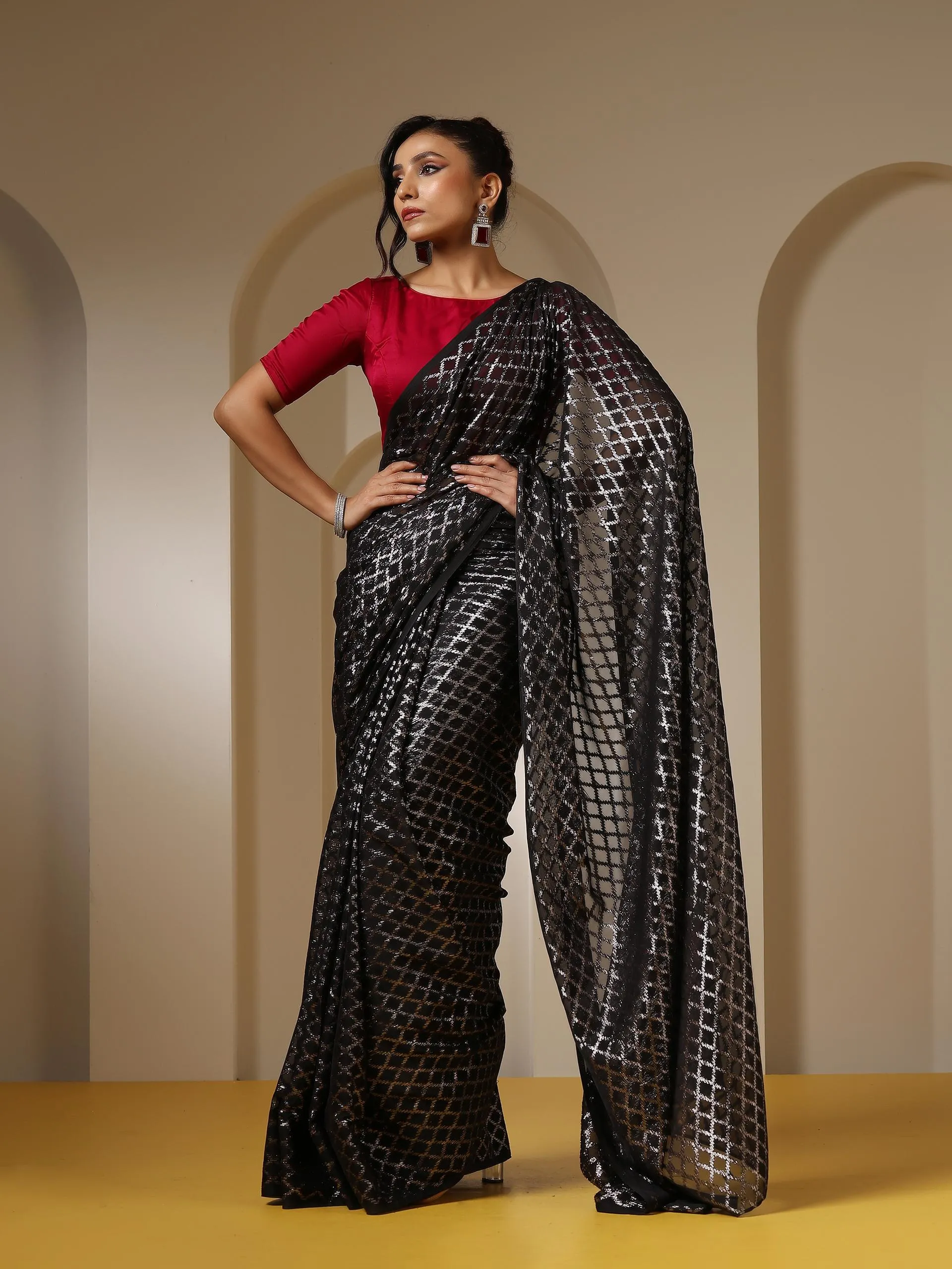 Drop Dead Black and Silver Jaal Saree with Red Satin Blouse Fabric